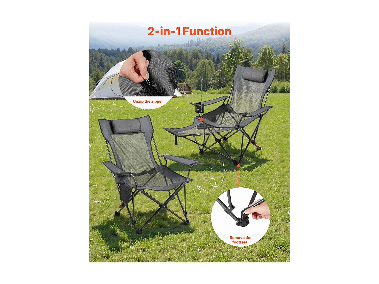 Campingstoel SucceBuy Opvouwbaar, 4 Verstelbare Posities, Draagbare Verstelbare Ligstoel voor Volwassenen, met Voetensteun, Hoofdsteun, Mesh Stof, Grijs