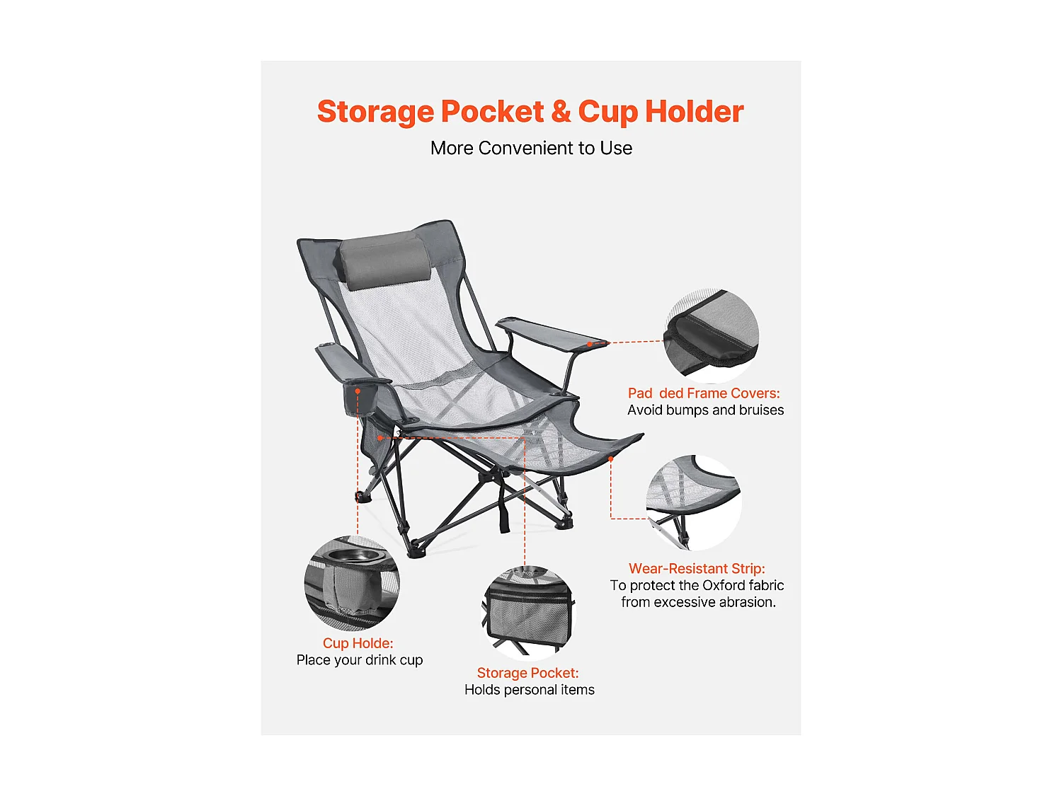 Campingstoel SucceBuy Opvouwbaar, 4 Verstelbare Posities, Draagbare Verstelbare Ligstoel voor Volwassenen, met Voetensteun, Hoofdsteun, Mesh Stof, Grijs