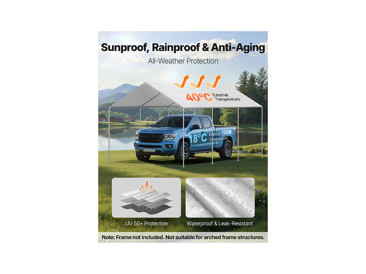 Toile de Rechange SucceBuy de Carport, 6 x 3 m, Bâche Toit Abri Voiture, Couverture Supérieure de Tente Garage Portable, Résistante UV Imperméable, Gris