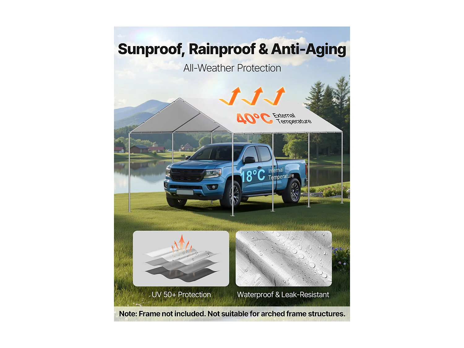 Vervangzeil SucceBuy voor Carport, 6 x 3 m, Zeil Dak Auto-onderkomen, Bovenste Afdekking Draagbare Garagetent, UV-Bestendig Waterdicht, Grijs