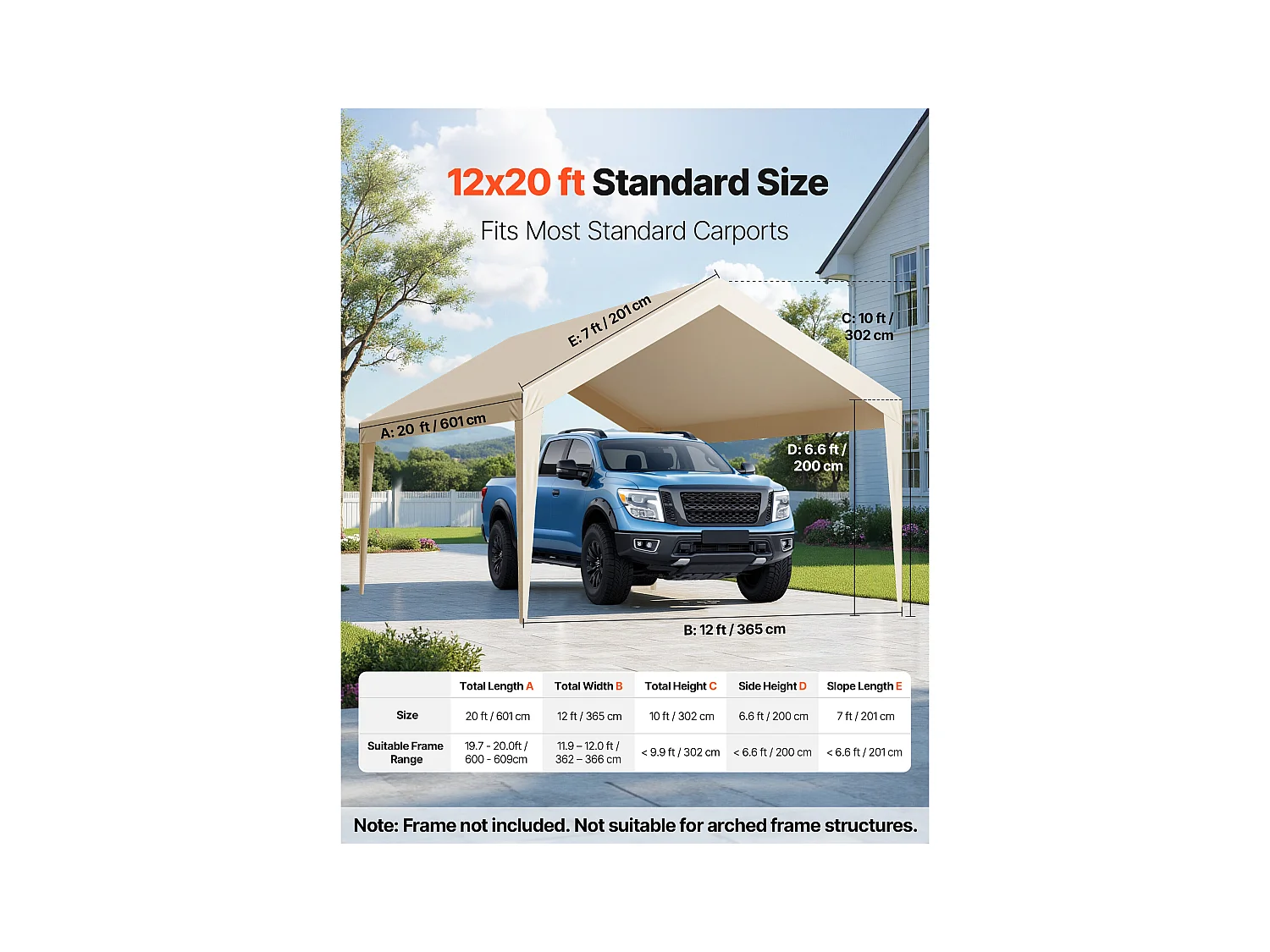Toile de Rechange Carport SucceBuy, 6,09x3,65 m, Bâche Toit Abri Voiture, Couverture Supérieure Tente Garage Portable, Résistante UV Imperméable, Beige
