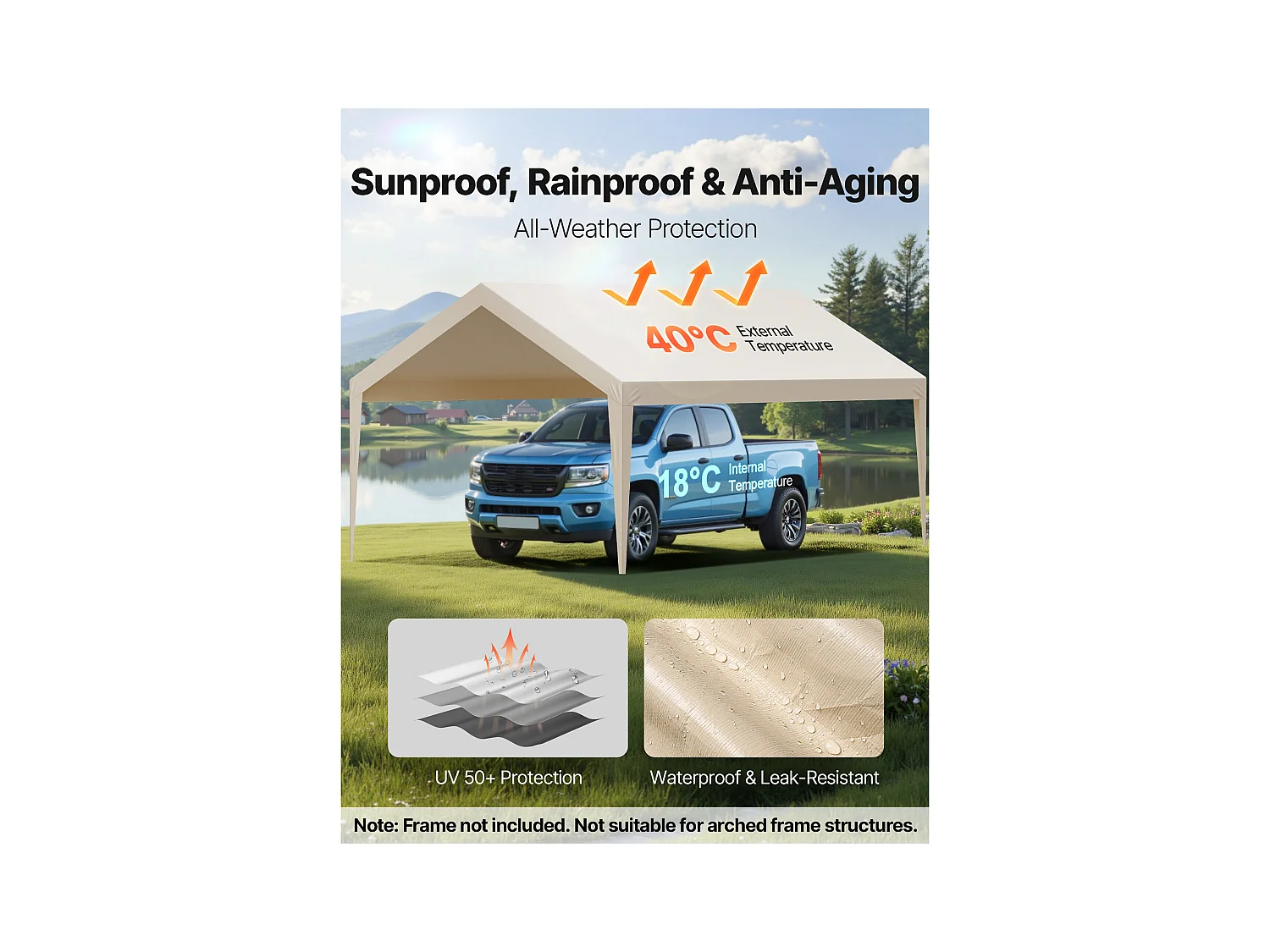 Toile de Rechange Carport SucceBuy, 6,09x3,65 m, Bâche Toit Abri Voiture, Couverture Supérieure Tente Garage Portable, Résistante UV Imperméable, Beige