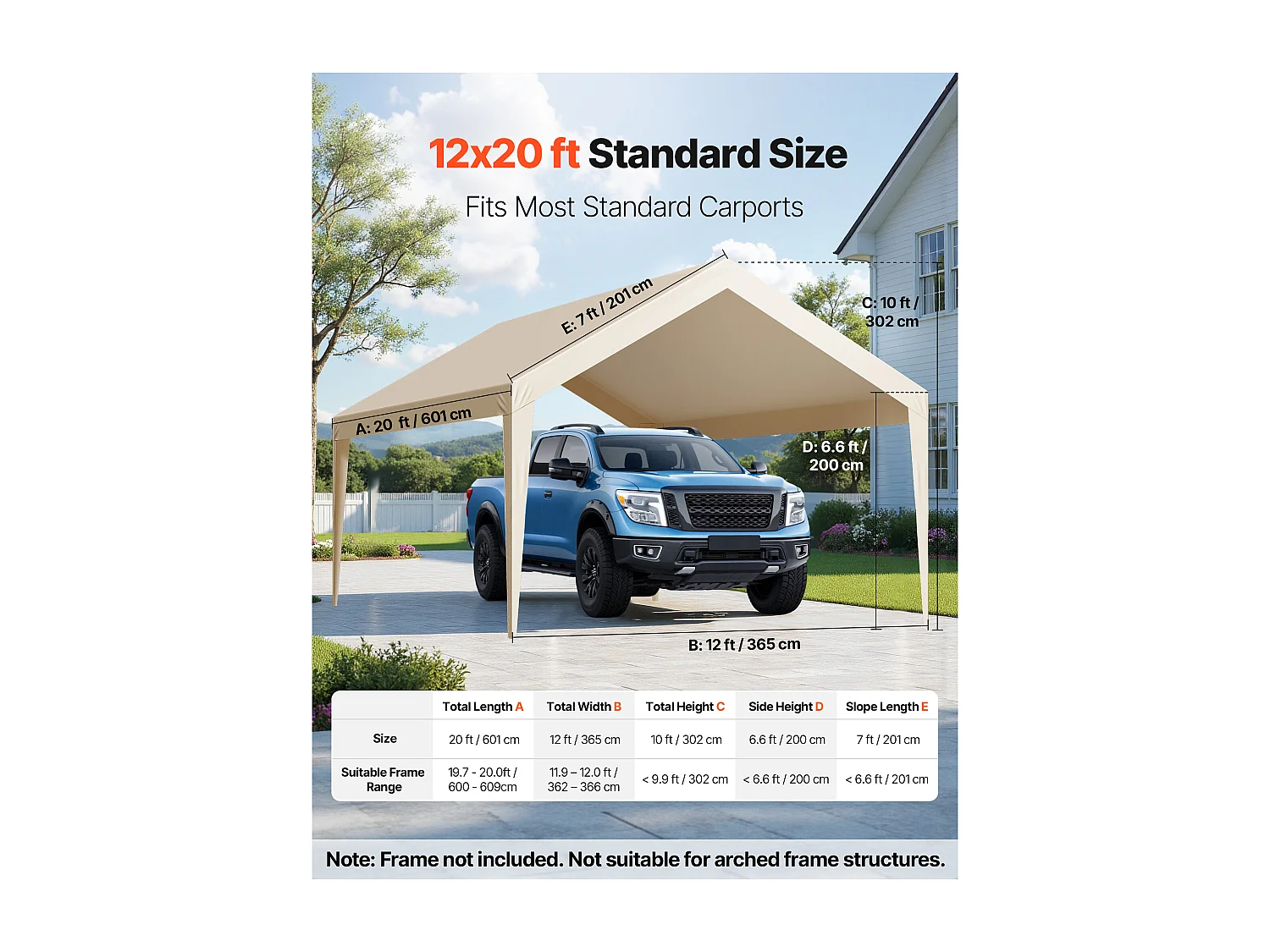 Toile de Rechange Carport SucceBuy, 6,09x3,65 m, Bâche Toit Abri Voiture, Couverture Supérieure Tente Garage Portable, Résistante UV Imperméable, Beige