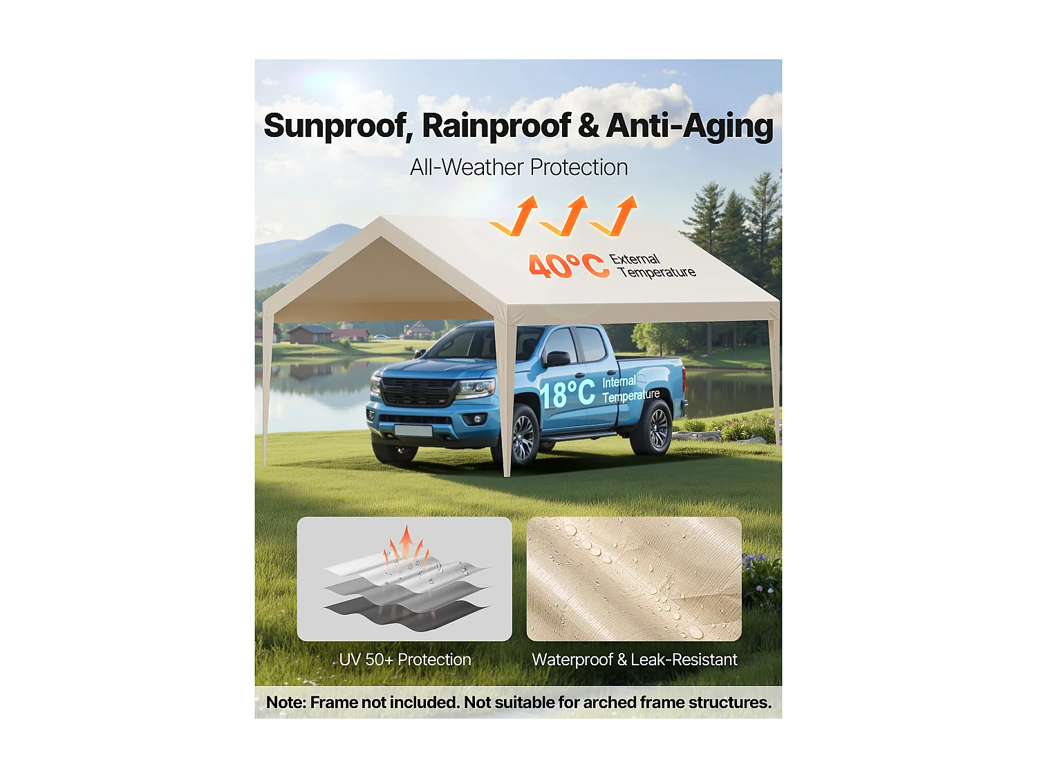 Toile de Rechange Carport SucceBuy, 6,09x3,65 m, Bâche Toit Abri Voiture, Couverture Supérieure Tente Garage Portable, Résistante UV Imperméable, Beige