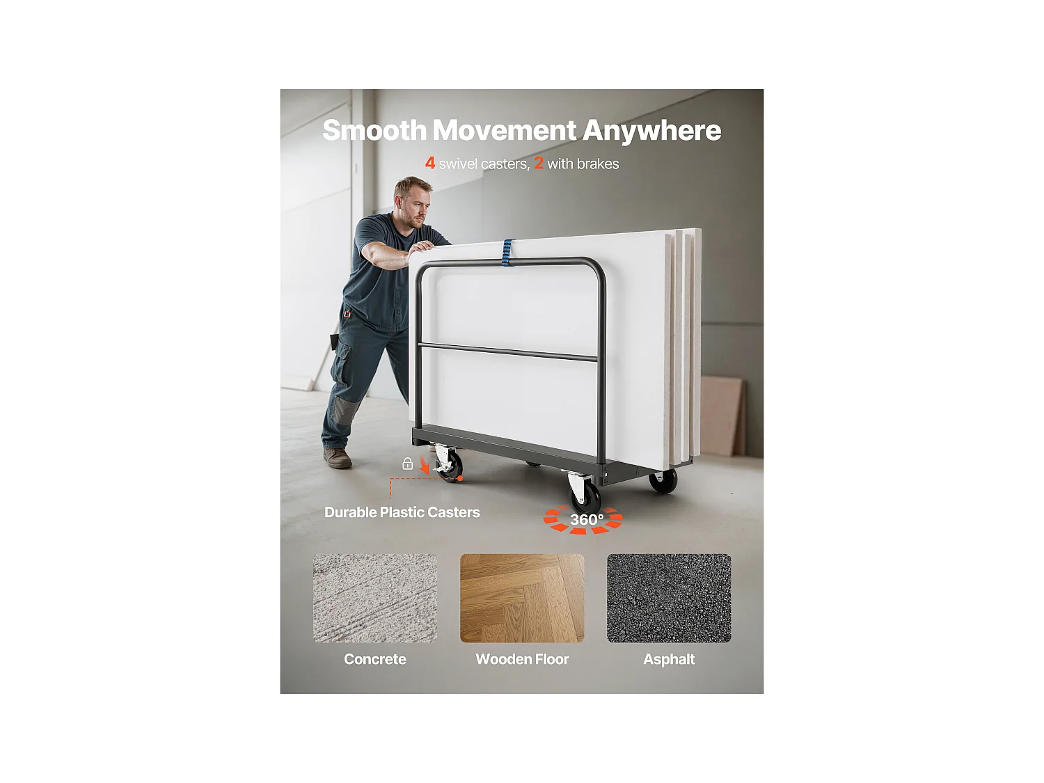 Chariot Porte-Plaques SucceBuy de Plâtre, Charge 816,5 kg, Chariot Porte-Panneaux de Cloisons Sèches Plateforme 91.4 x 61 cm, pour Transport, Usine