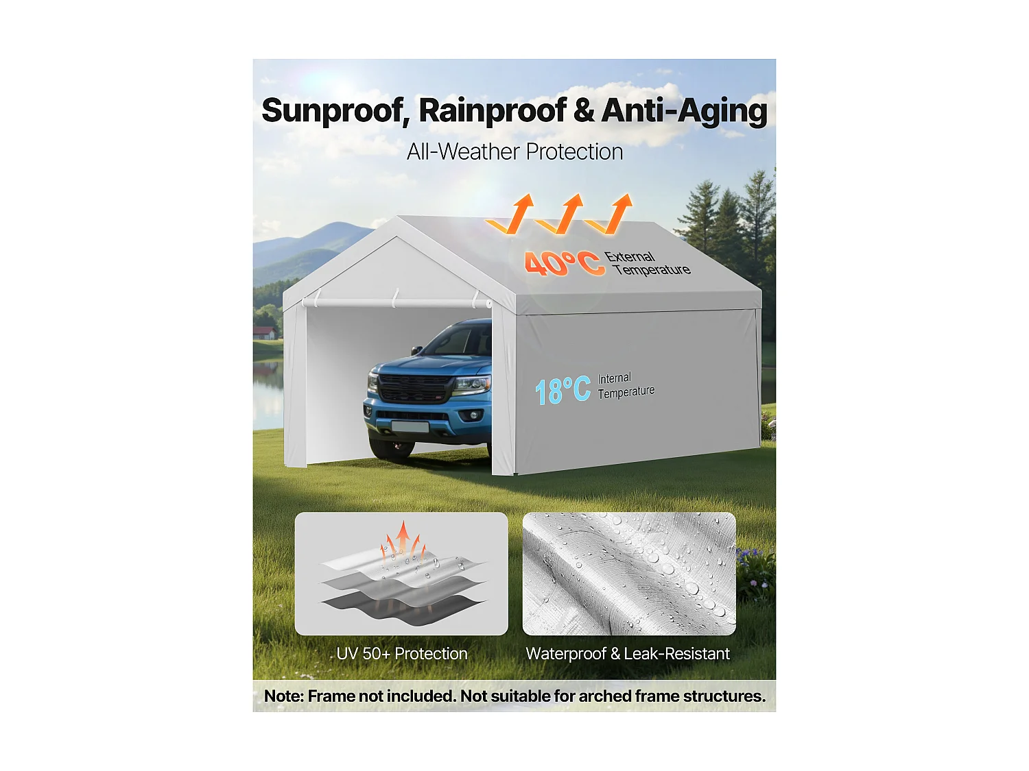 Lona de Reemplazo Cobertizo SucceBuy, 6,09x3,65 m, Lona Techo Cochera, Cubierta Carpa Garaje Portátil, Resistente UV Impermeable, Cordones Elásticos Bola