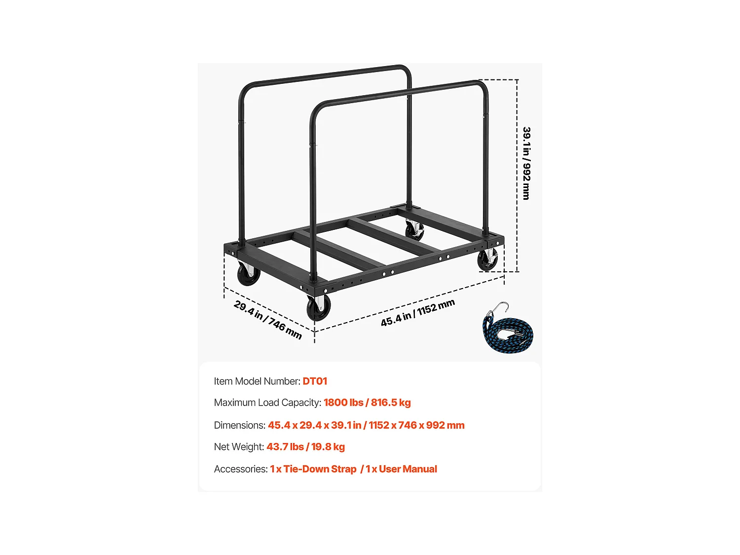 Wagen für Platten SucceBuy aus Gips, Belastung 816,5 kg, Wagen für Trockenbauplatten, mit Schwenkrädern, für Transport, Schwarz