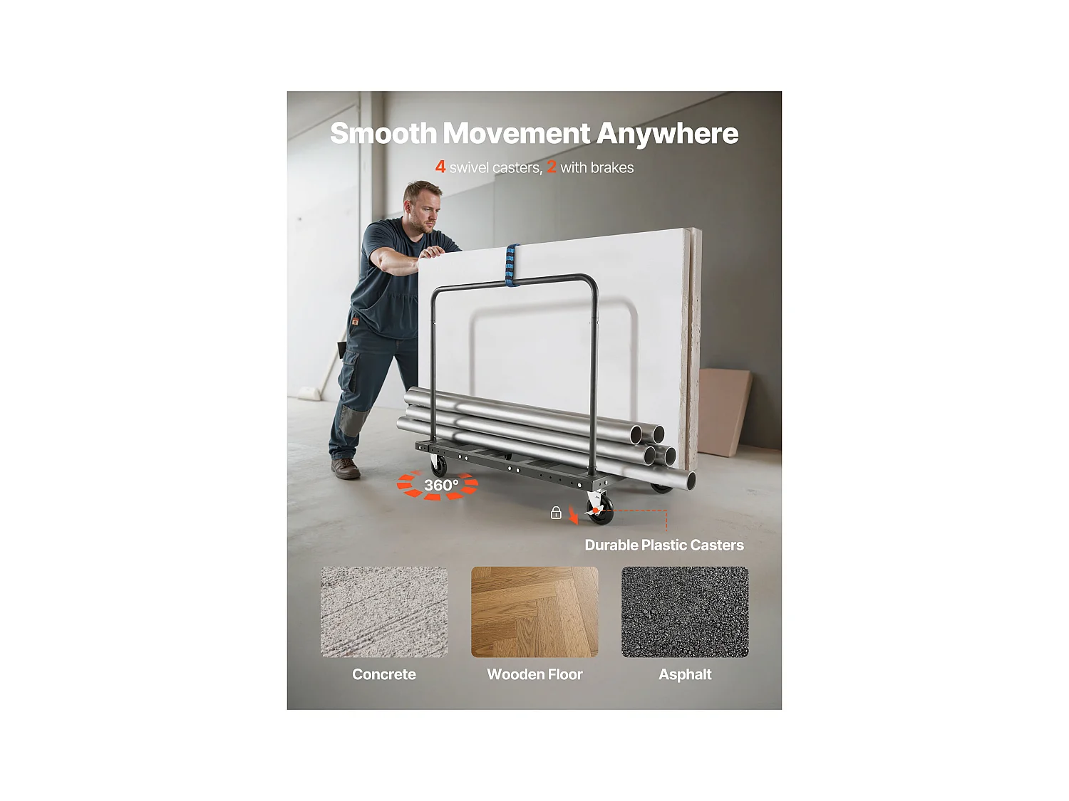 Wagen für Platten SucceBuy aus Gips, Belastung 816,5 kg, Wagen für Trockenbauplatten, mit Schwenkrädern, für Transport, Schwarz