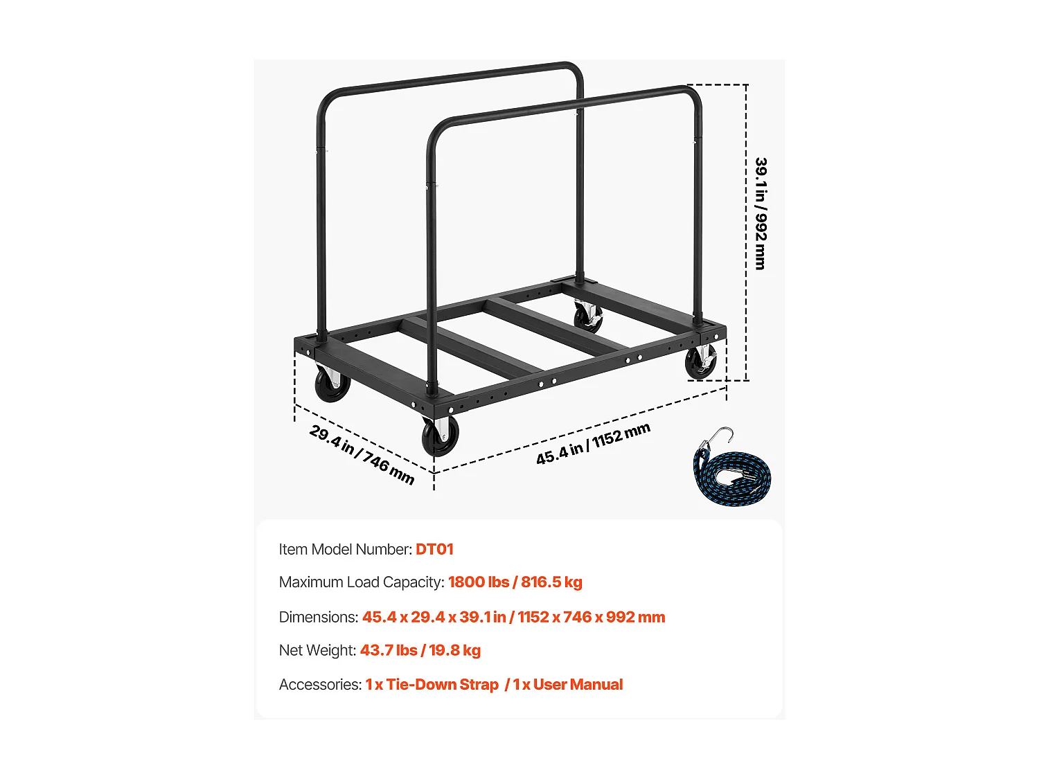 Chariot Porte-Plaques SucceBuy de Plâtre, Charge 816,5 kg, Chariot Porte-Panneaux de Cloisons Sèches, avec Roulettes Pivotantes, pour Transport, Noir