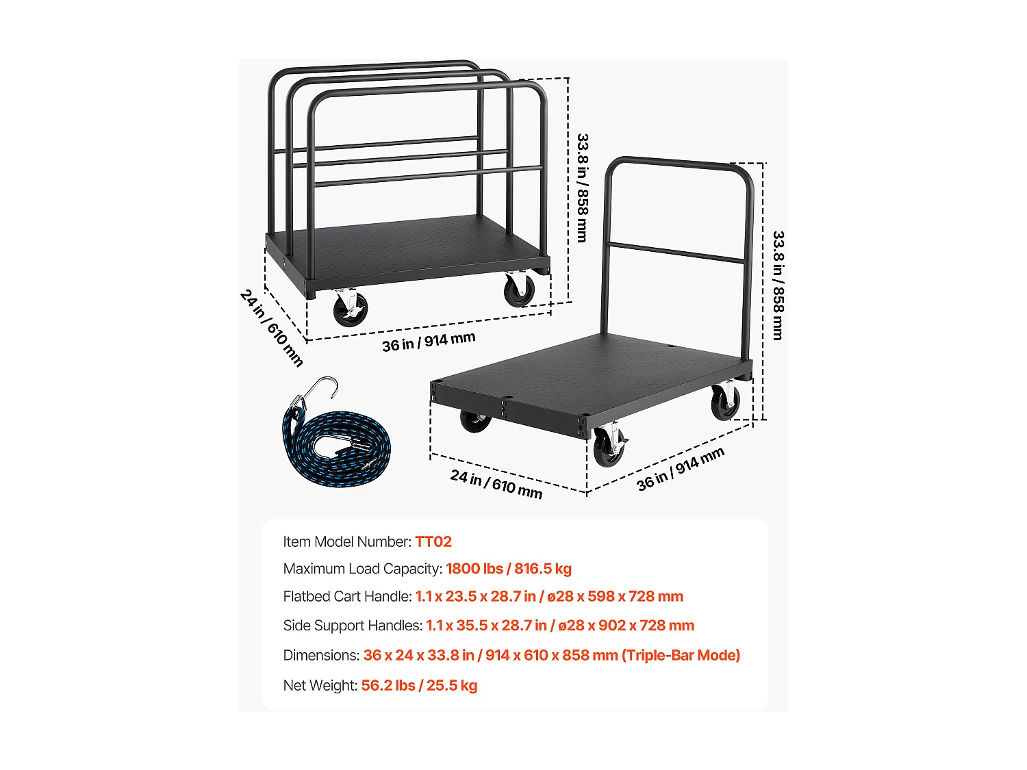 Chariot Porte-Plaques SucceBuy de Plâtre, Charge 816,5 kg, Chariot Porte-Panneaux de Cloisons Sèches à Plateforme 91.4 x 61 cm, pour Transport, Noir