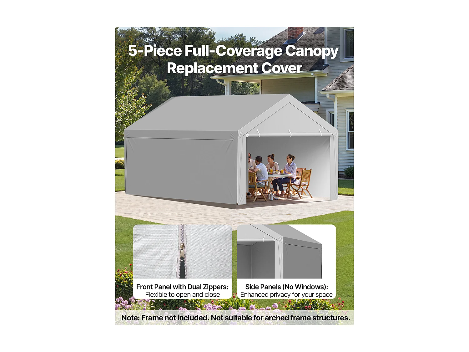 Lona de Reemplazo Cobertizo SucceBuy, 6 x 4 m, Lona Techo Cochera, Cubierta Carpa Garaje Portátil, Resistente UV Impermeable, con Paneles Laterales, Gris