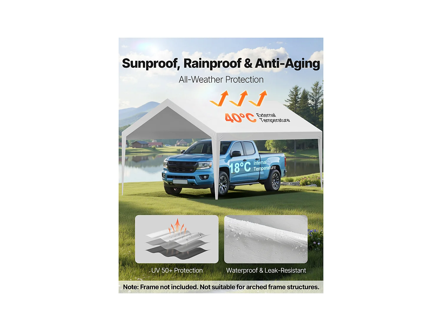 Toile de Rechange Carport SucceBuy, 6,09x3,65 m, Bâche Toit Abri Voiture, Couverture Supérieure Tente Garage Portable, Résistante UV Imperméable, Blanc