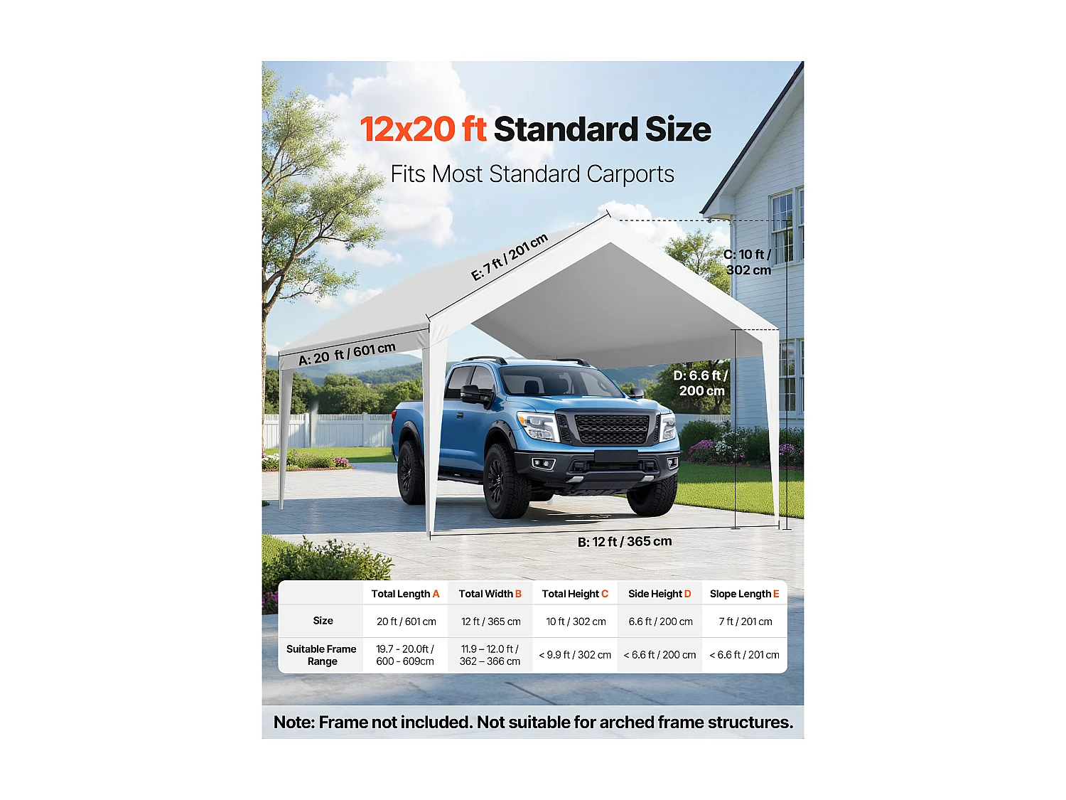 Toile de Rechange Carport SucceBuy, 6,09x3,65 m, Bâche Toit Abri Voiture, Couverture Supérieure Tente Garage Portable, Résistante UV Imperméable, Blanc