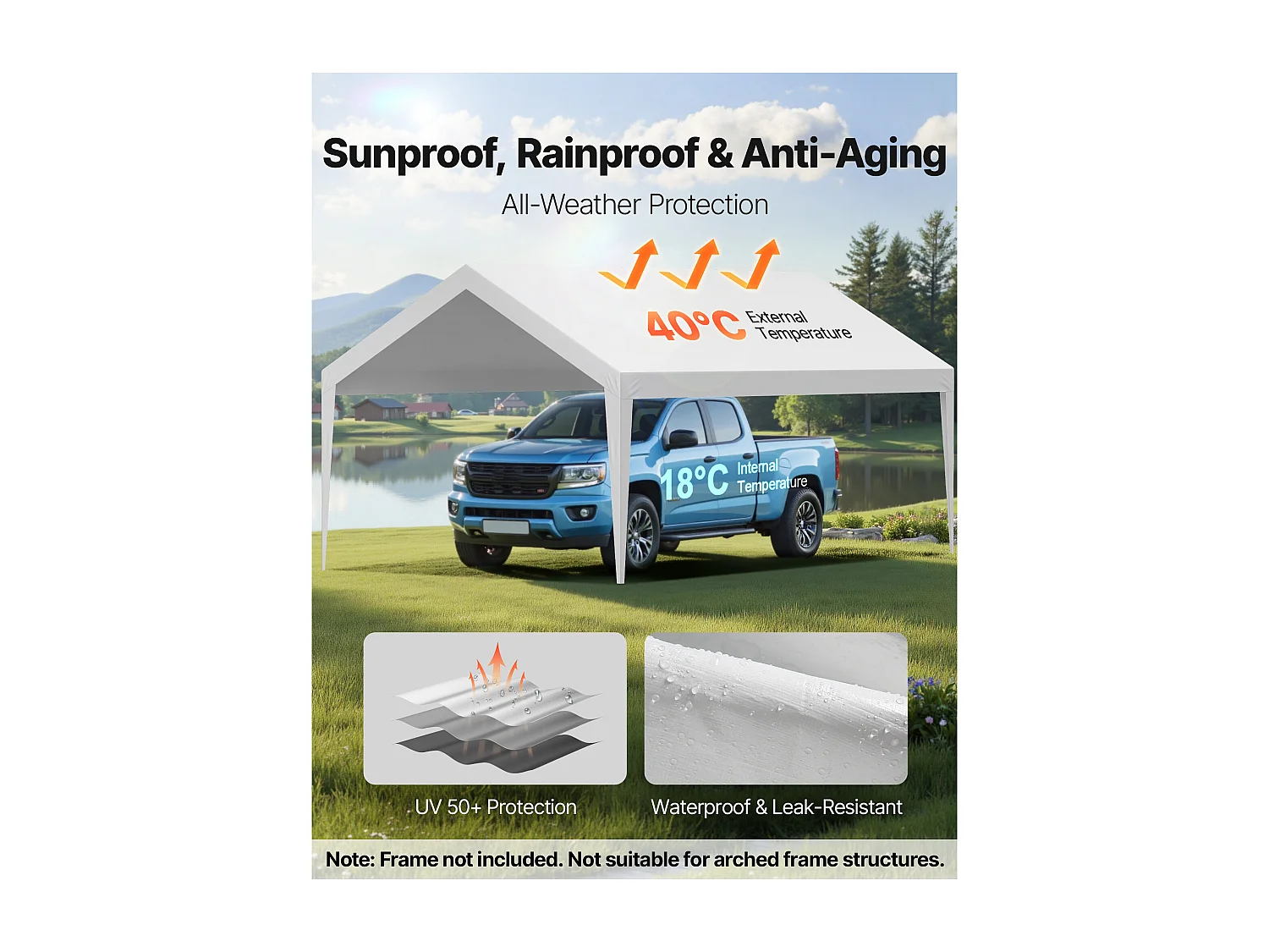 Toile de Rechange Carport SucceBuy, 6,09x3,65 m, Bâche Toit Abri Voiture, Couverture Supérieure Tente Garage Portable, Résistante UV Imperméable, Blanc