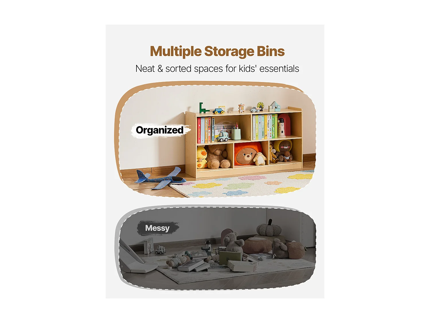 Organisateur de Jouets SucceBuy, 114cm, Bibliothèque pour Enfants à 2 Niveaux, Meuble de Rangement à 5 Compartiments, Mobilier de Garderie pour Chambre