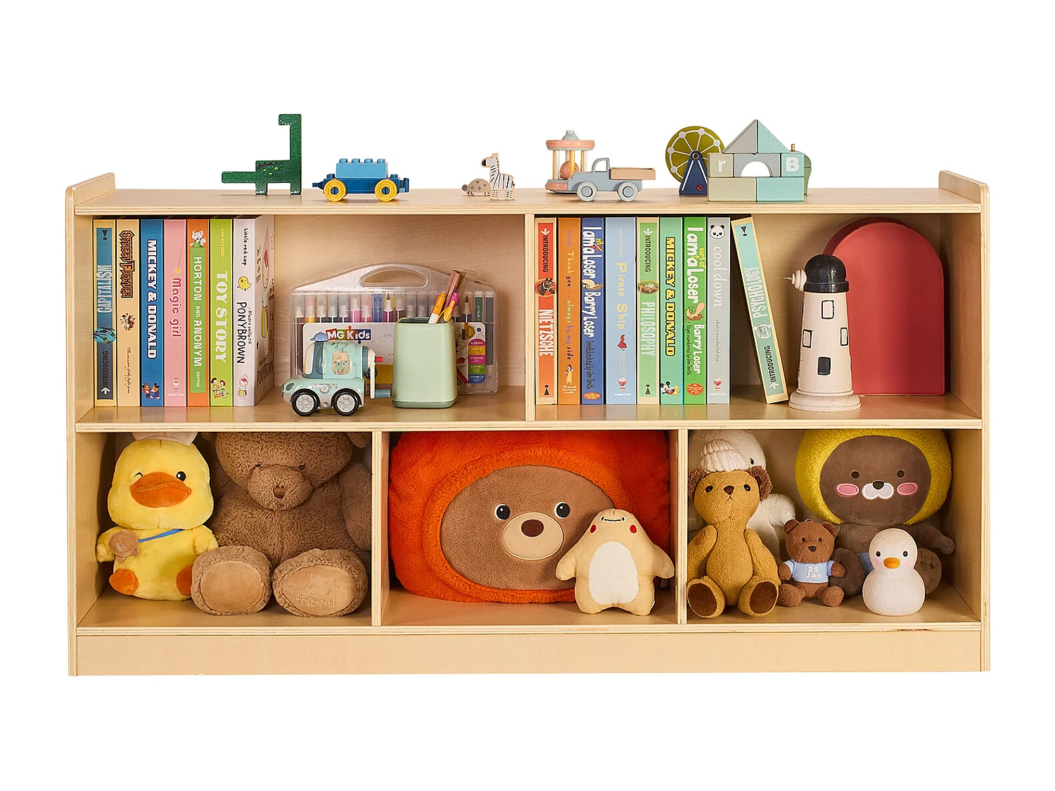 Organisateur de Jouets SucceBuy, 114cm, Bibliothèque pour Enfants à 2 Niveaux, Meuble de Rangement à 5 Compartiments, Mobilier de Garderie pour Chambre