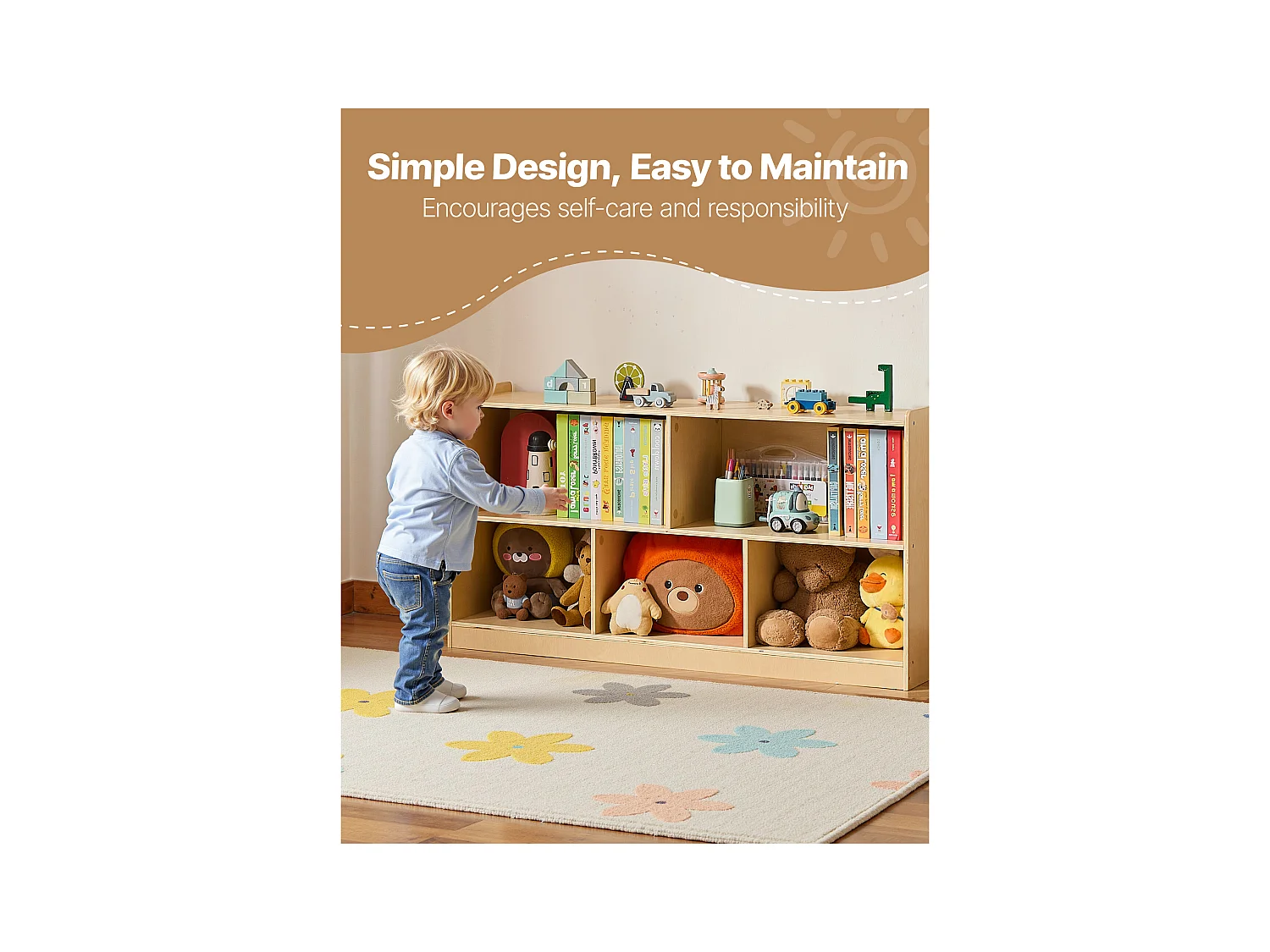 Spielzeugorganizer SucceBuy, 114cm, Bücherregal für Kinder mit 2 Ebenen, Aufbewahrungsmöbel mit 5 Fächern, Möbel für Kinderzimmer, für Zimmer