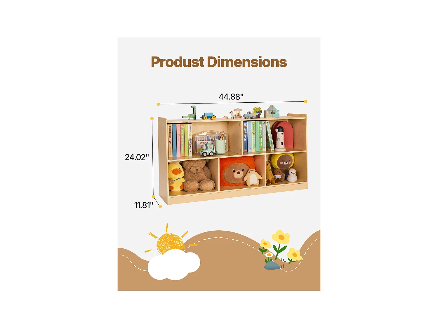 Spielzeugorganizer SucceBuy, 114cm, Bücherregal für Kinder mit 2 Ebenen, Aufbewahrungsmöbel mit 5 Fächern, Möbel für Kinderzimmer, für Zimmer