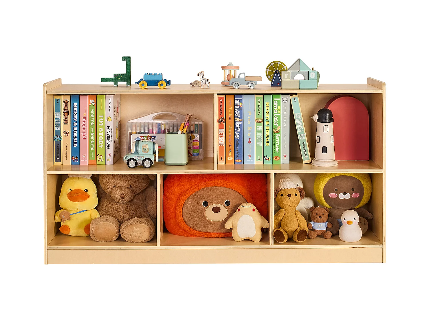 Spielzeugorganizer SucceBuy, 114cm, Bücherregal für Kinder mit 2 Ebenen, Aufbewahrungsmöbel mit 5 Fächern, Möbel für Kinderzimmer, für Zimmer