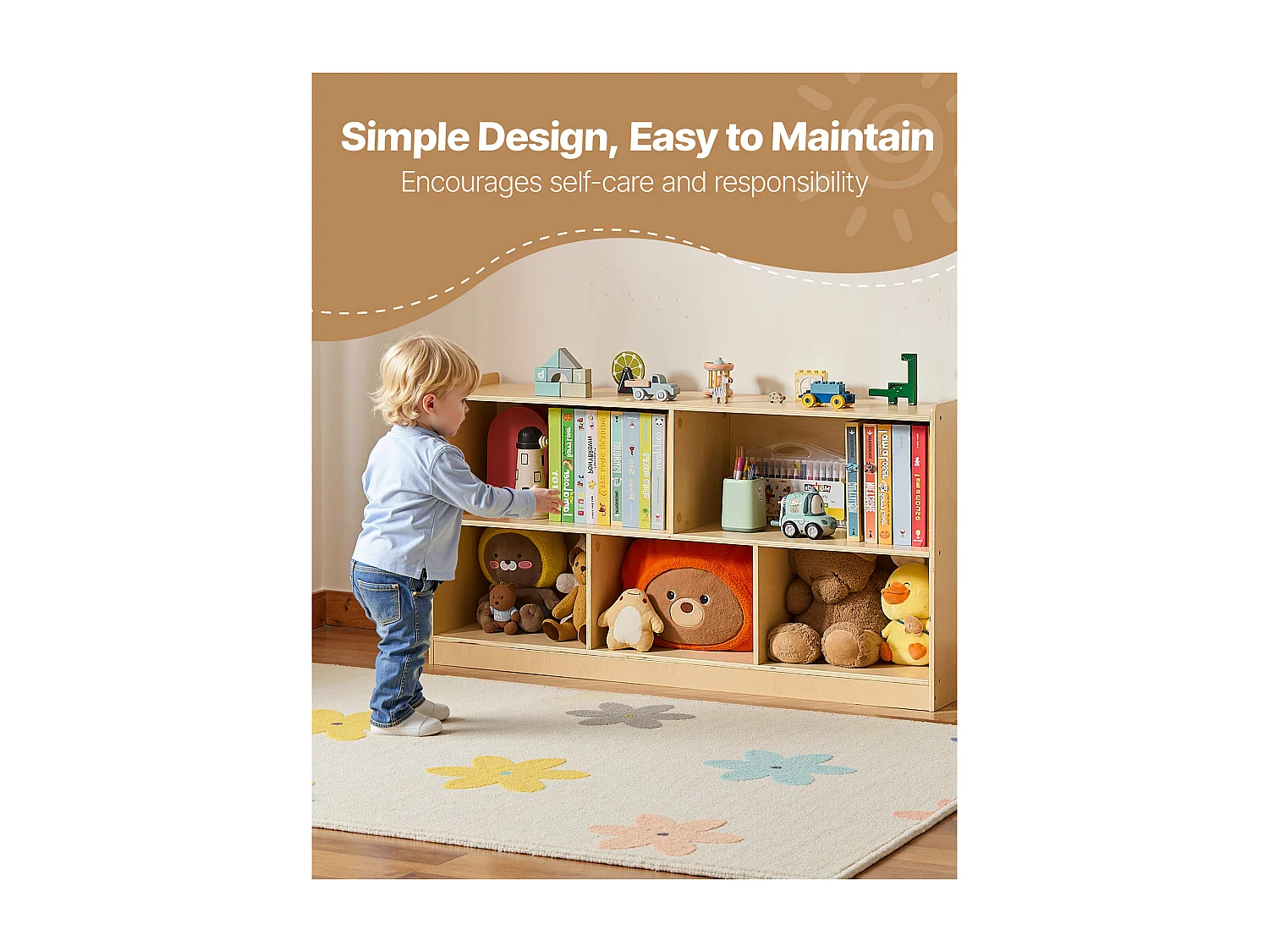 Organizador de Brinquedos SucceBuy, 114cm, Estante para Crianças com 2 Níveis, Móvel de Armazenamento com 5 Compartimentos, Mobiliário para Berçário para Quarto