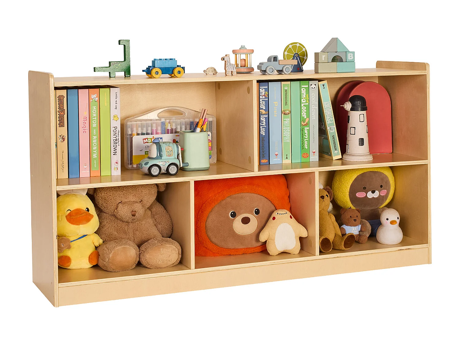 Organizador de Brinquedos SucceBuy, 114cm, Estante para Crianças com 2 Níveis, Móvel de Armazenamento com 5 Compartimentos, Mobiliário para Berçário para Quarto