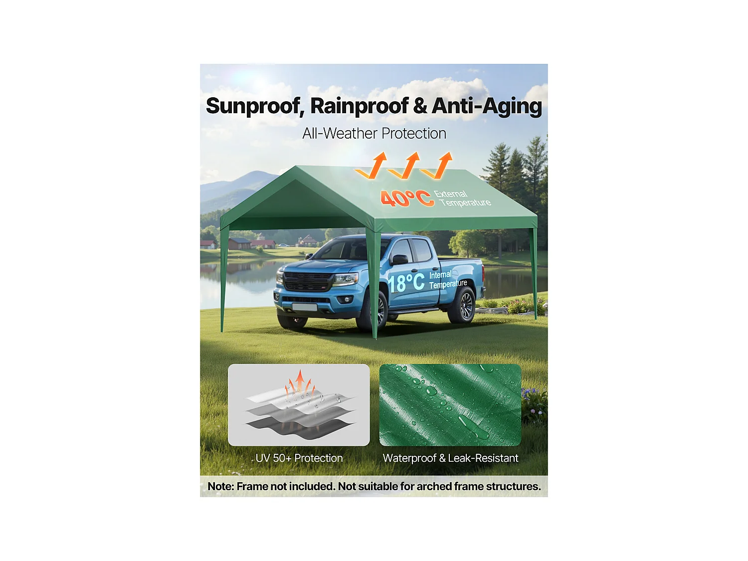 Toile de Rechange Carport SucceBuy, 6 x 3 m, Bâche Toit Abri Voiture, Couverture Supérieure Tente Garage Portable, Résistante UV Imperméable, Vert Foncé