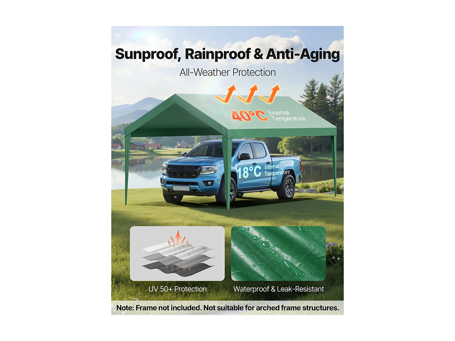 Toile de Rechange Carport SucceBuy, 6 x 3 m, Bâche Toit Abri Voiture, Couverture Supérieure Tente Garage Portable, Résistante UV Imperméable, Vert Foncé