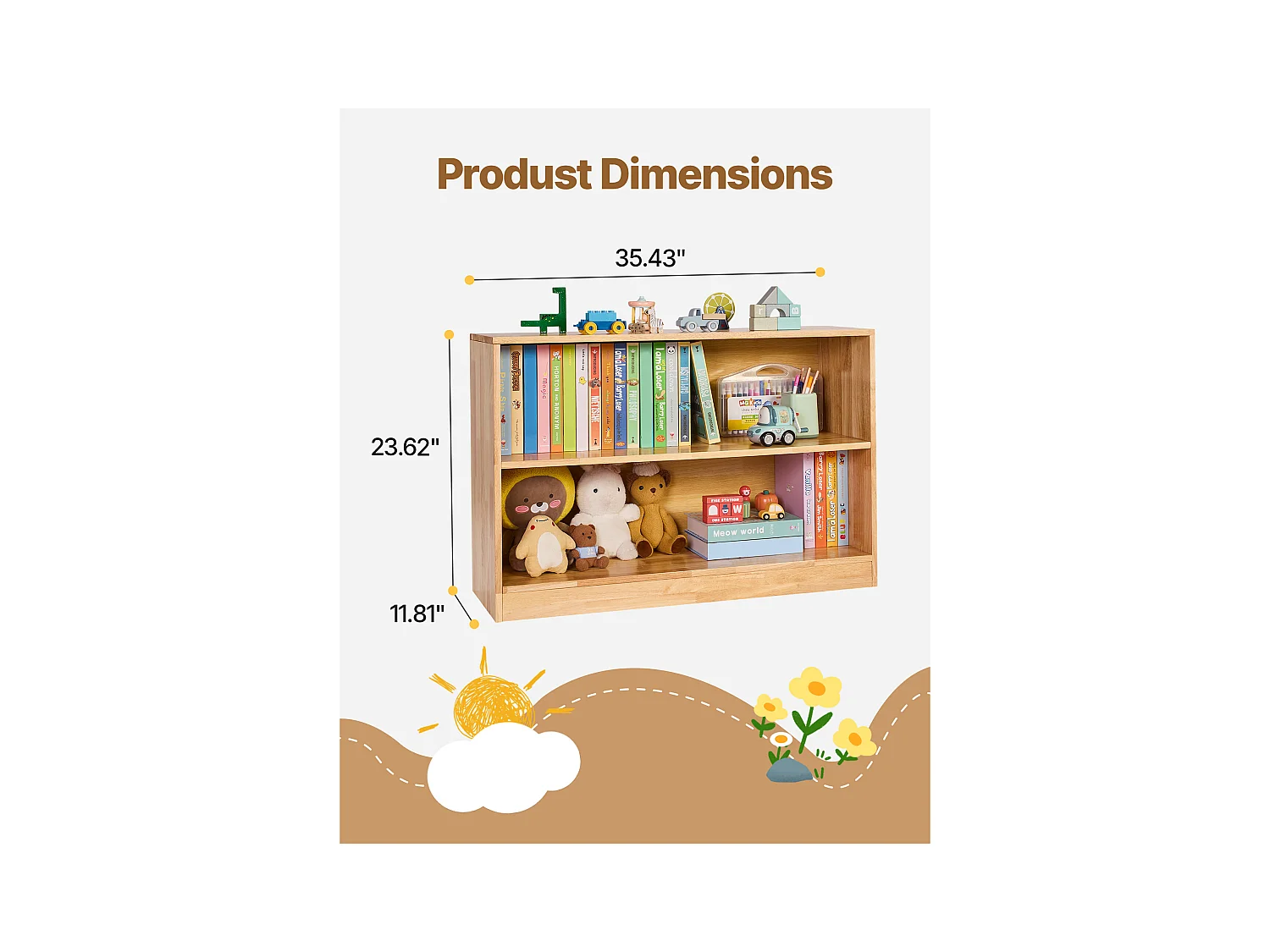 Organisateur de Jouets SucceBuy 90cm, Bibliothèque pour Enfants à 2 Niveaux, Meuble de Rangement à 2 Compartiments, Mobilier de Garderie pour Chambre