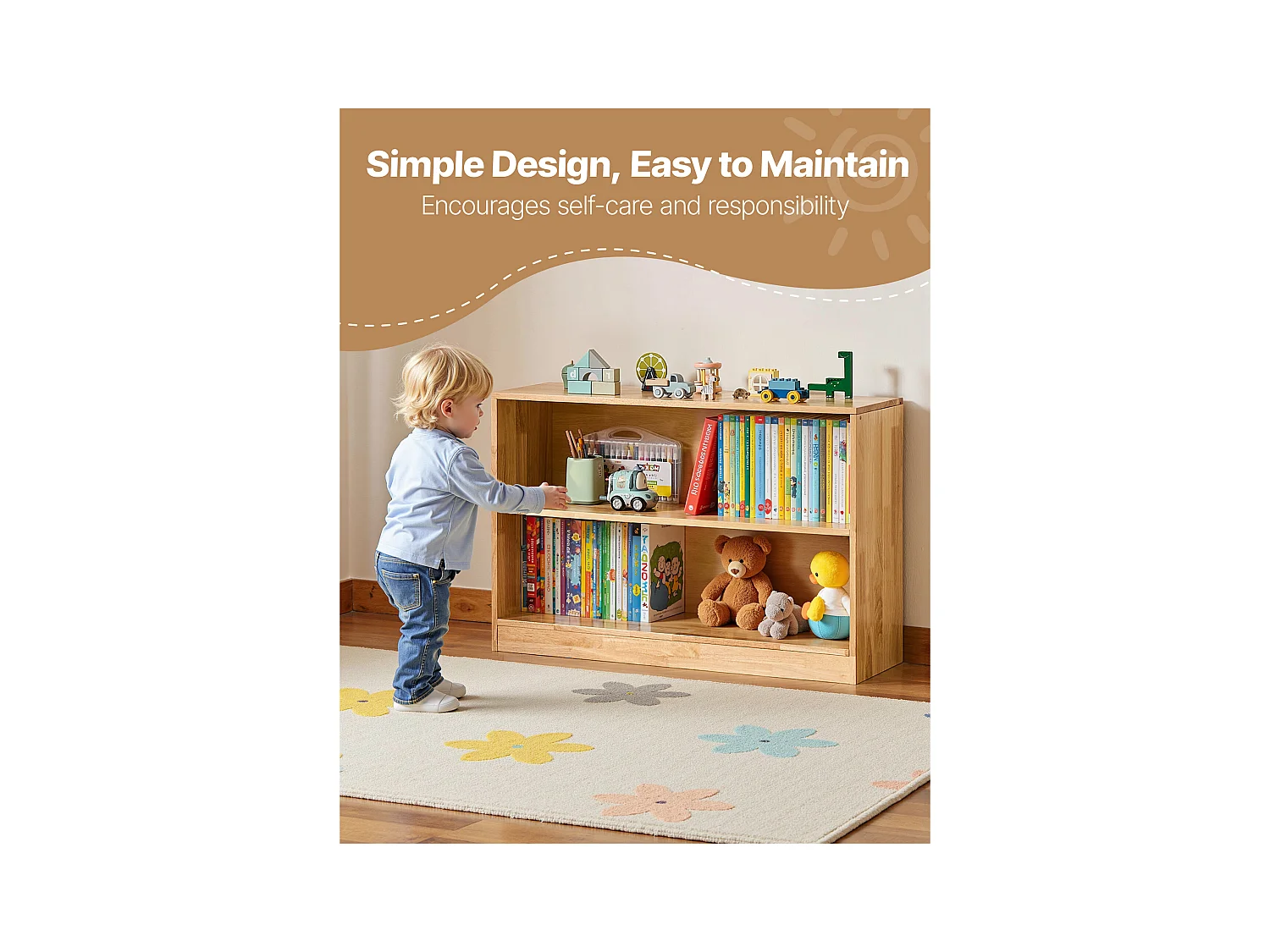 Organisateur de Jouets SucceBuy 90cm, Bibliothèque pour Enfants à 2 Niveaux, Meuble de Rangement à 2 Compartiments, Mobilier de Garderie pour Chambre