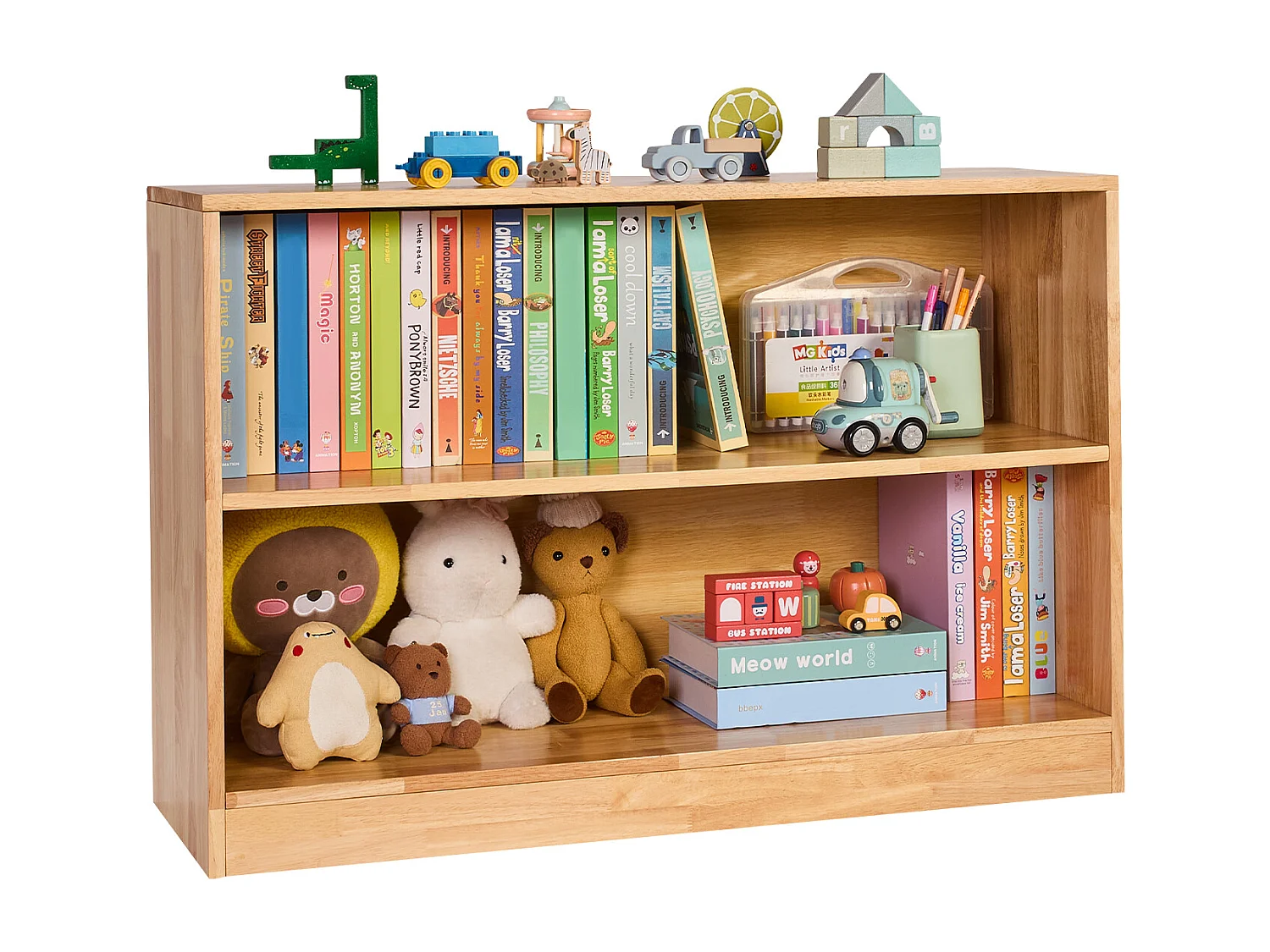 Organisateur de Jouets SucceBuy 90cm, Bibliothèque pour Enfants à 2 Niveaux, Meuble de Rangement à 2 Compartiments, Mobilier de Garderie pour Chambre