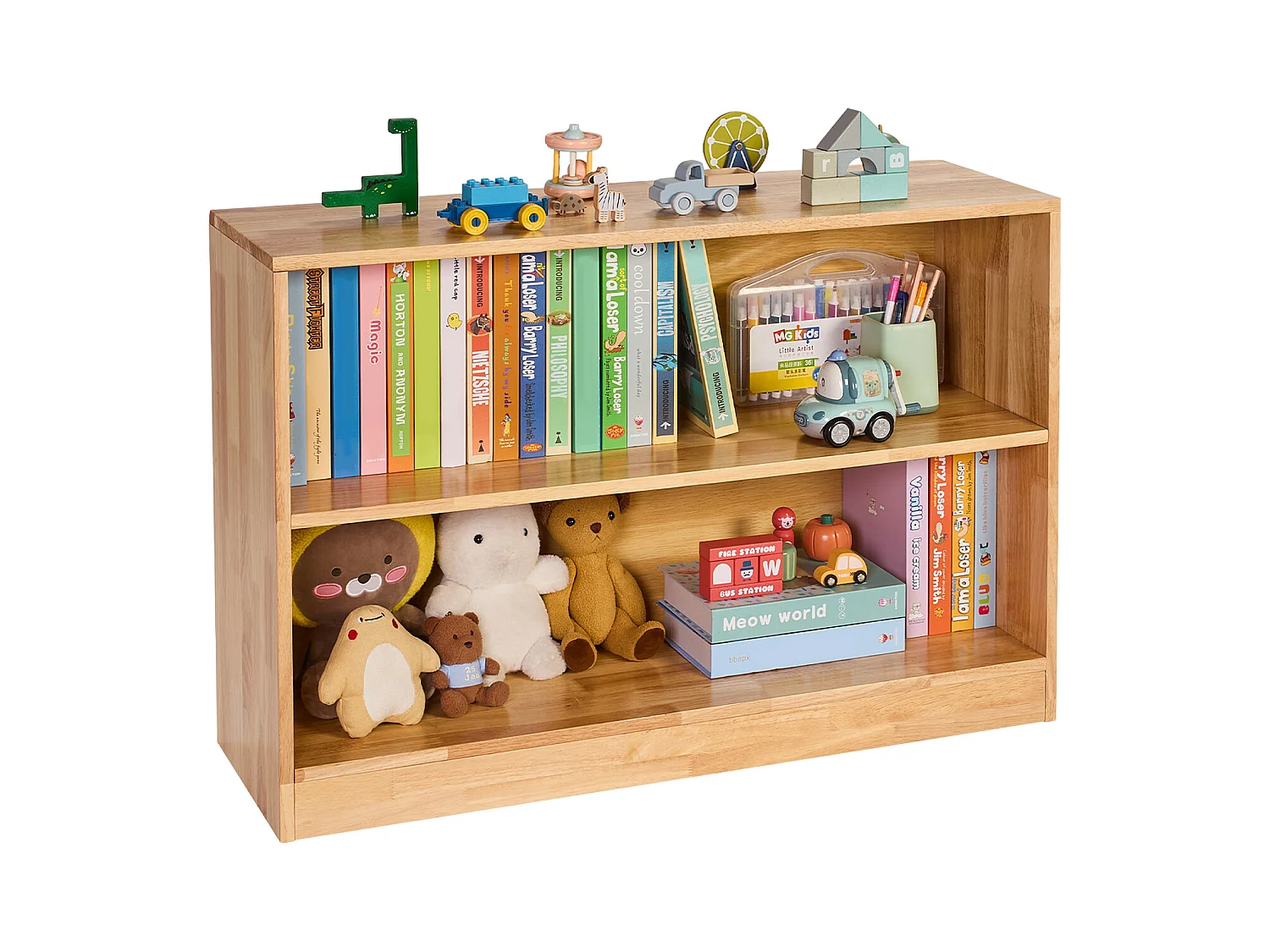 Organisateur de Jouets SucceBuy 90cm, Bibliothèque pour Enfants à 2 Niveaux, Meuble de Rangement à 2 Compartiments, Mobilier de Garderie pour Chambre