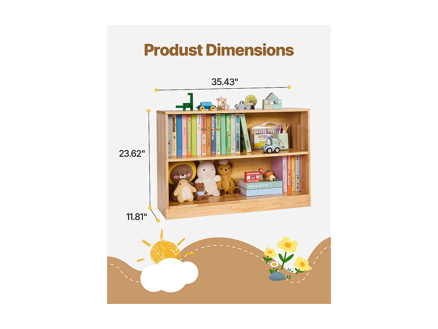 Spielzeugorganizer SucceBuy 90cm, Bücherregal für Kinder mit 2 Ebenen, Aufbewahrungsmöbel mit 2 Fächern, Möbel für Kinderzimmer, für Zimmer