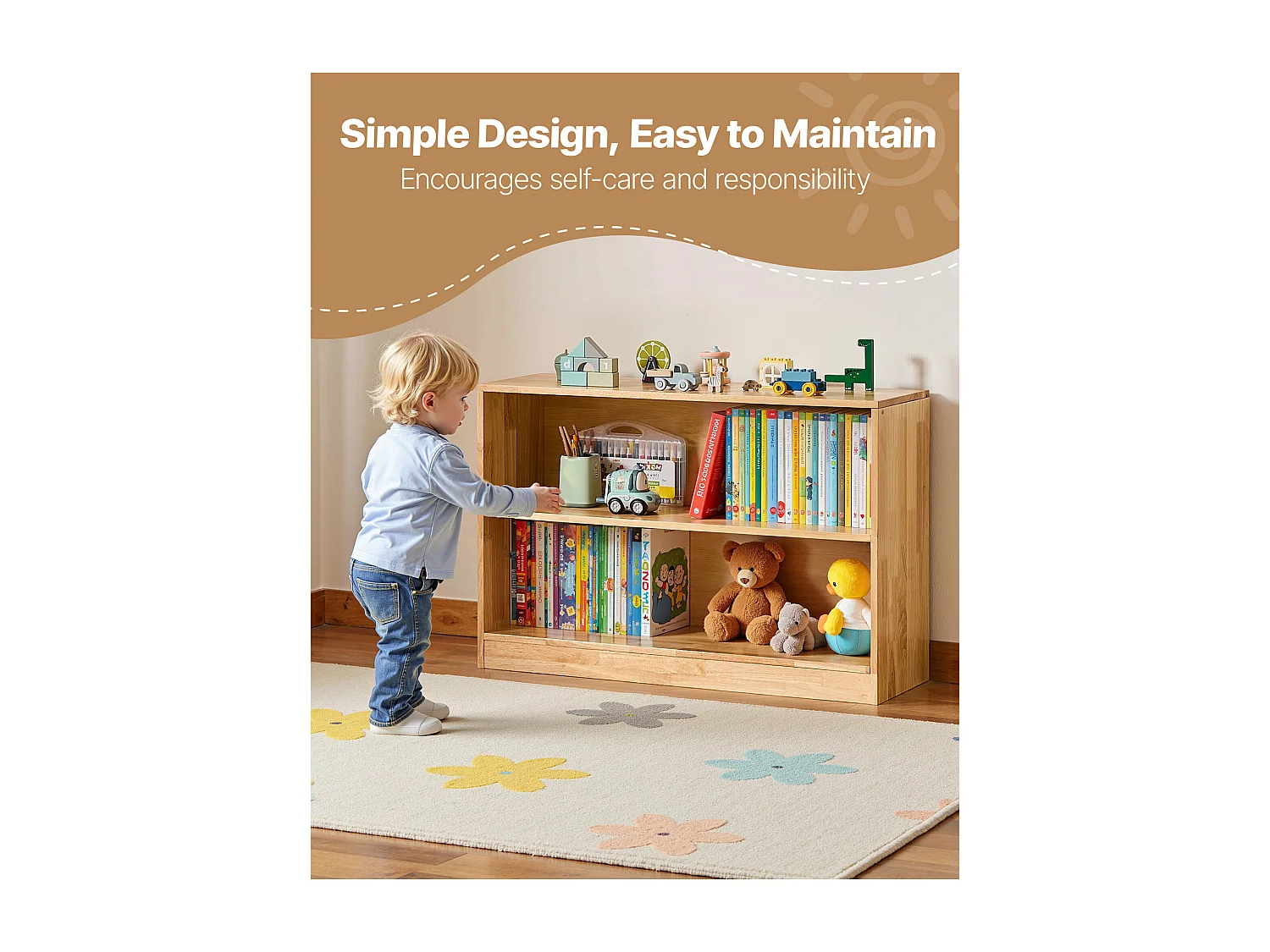 Spielzeugorganizer SucceBuy 90cm, Bücherregal für Kinder mit 2 Ebenen, Aufbewahrungsmöbel mit 2 Fächern, Möbel für Kinderzimmer, für Zimmer