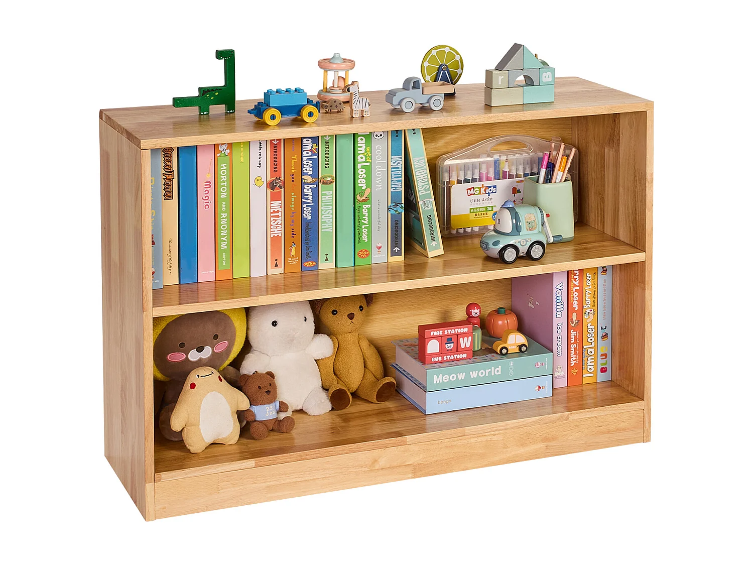 Spielzeugorganizer SucceBuy 90cm, Bücherregal für Kinder mit 2 Ebenen, Aufbewahrungsmöbel mit 2 Fächern, Möbel für Kinderzimmer, für Zimmer