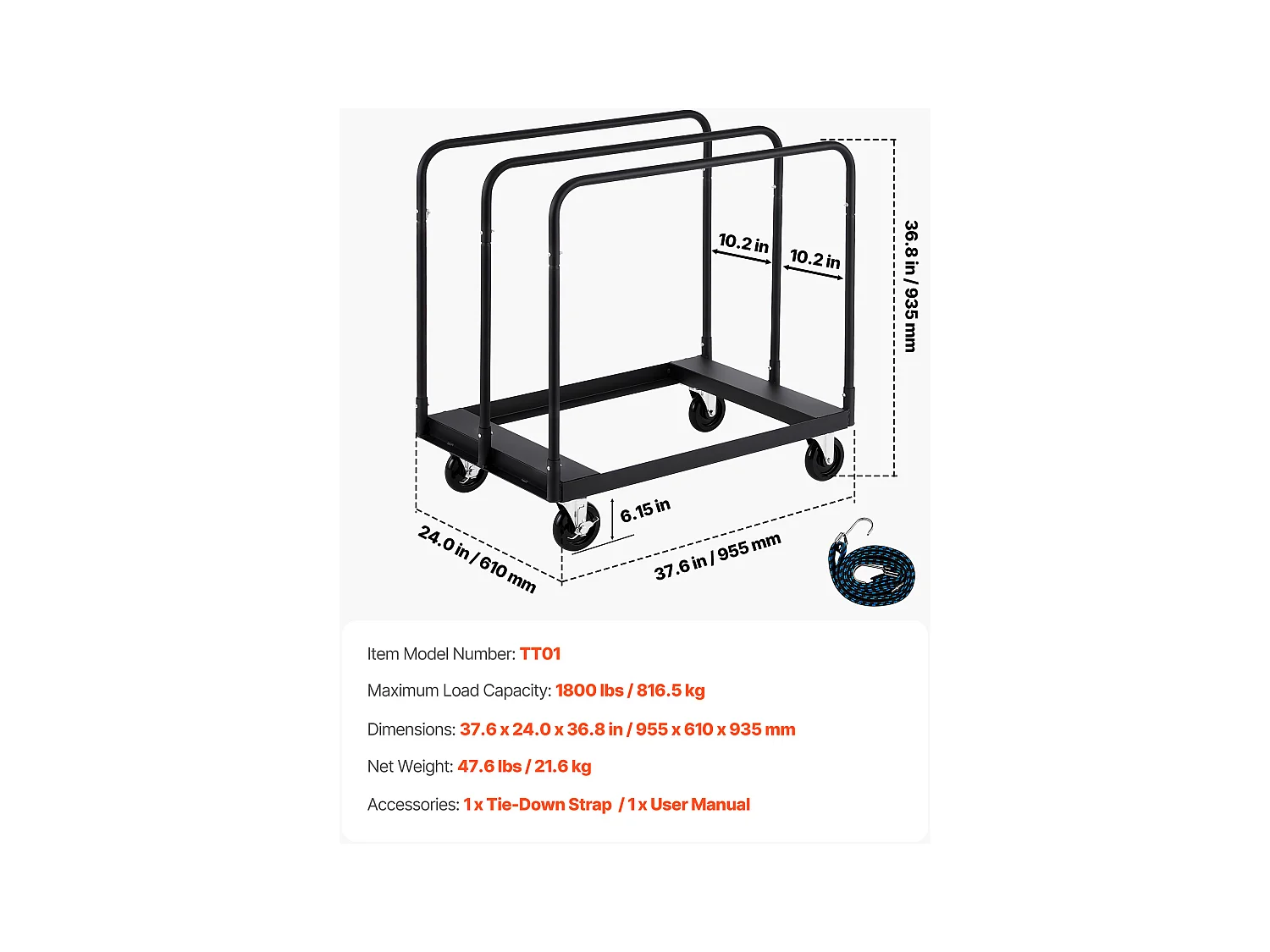 Wagen für Platten SucceBuy aus Gips, Belastung 816,5 kg, Wagen für Trockenbauplatten, mit Schwenkrädern, Zurrgurt, Schwarz