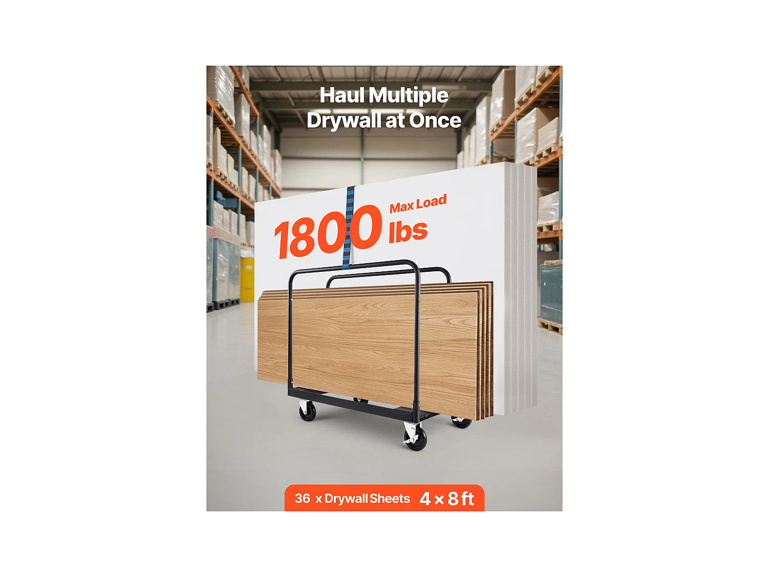 Wagen für Platten SucceBuy aus Gips, Belastung 816,5 kg, Wagen für Trockenbauplatten, mit Schwenkrädern, Zurrgurt, Schwarz