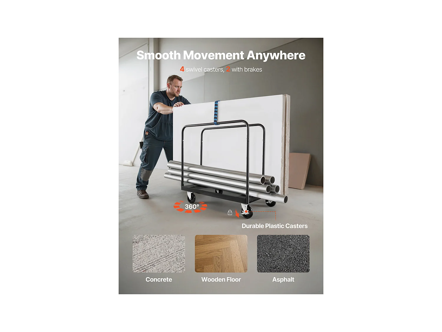 Wagen für Platten SucceBuy aus Gips, Belastung 816,5 kg, Wagen für Trockenbauplatten, mit Schwenkrädern, Zurrgurt, Schwarz