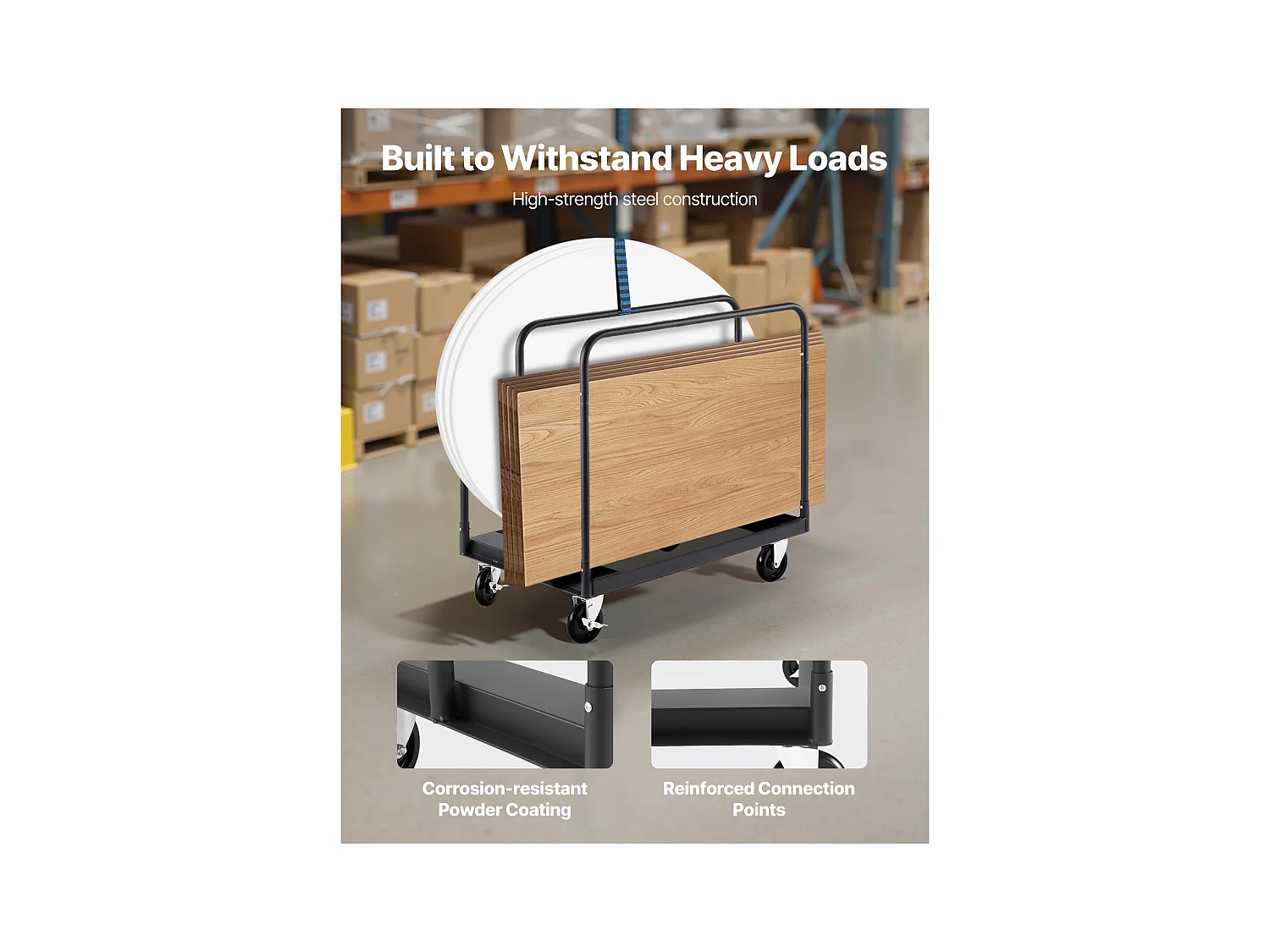 Wagen für Platten SucceBuy aus Gips, Belastung 816,5 kg, Wagen für Trockenbauplatten, mit Schwenkrädern, Zurrgurt, Schwarz