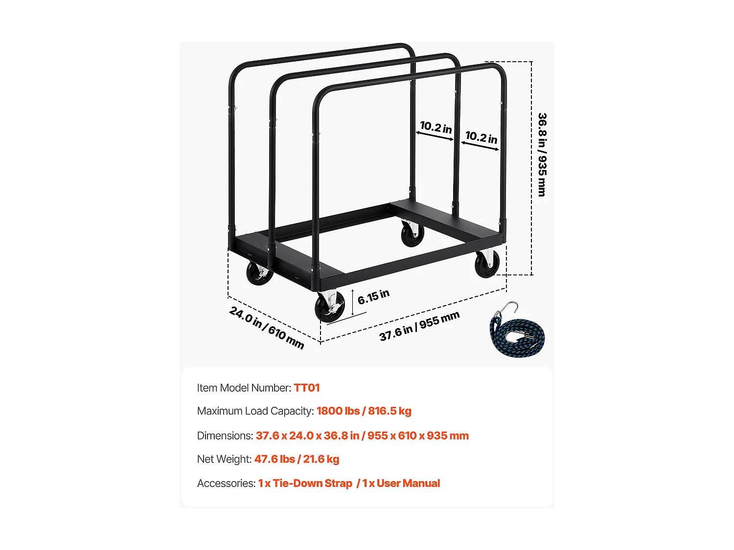 Chariot Porte-Plaques SucceBuy de Plâtre, Charge 816,5 kg, Chariot Porte-Panneaux de Cloisons Sèches, avec Roulettes Pivotantes, Sangle d'Arrimage, Noir