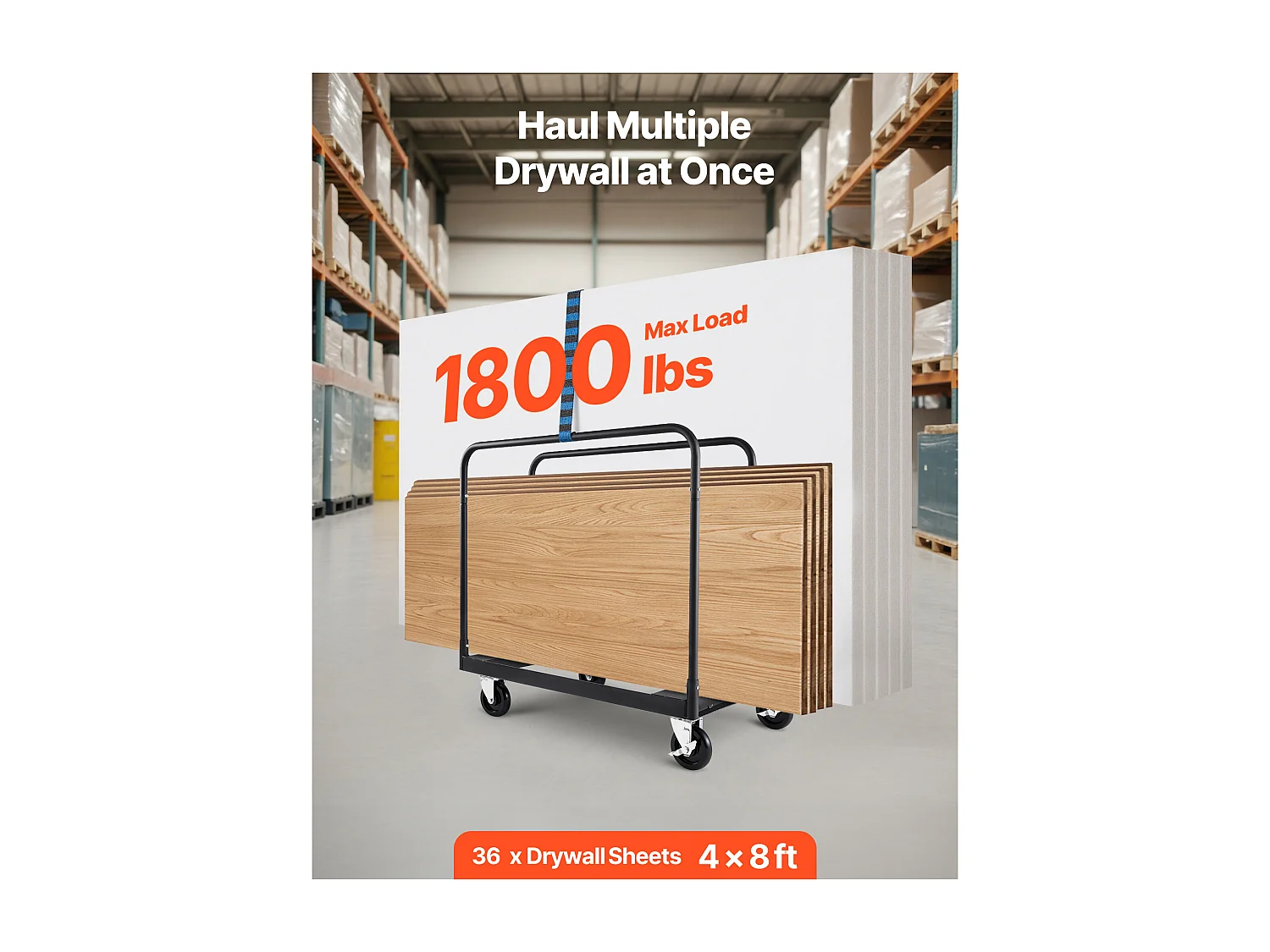 Chariot Porte-Plaques SucceBuy de Plâtre, Charge 816,5 kg, Chariot Porte-Panneaux de Cloisons Sèches, avec Roulettes Pivotantes, Sangle d'Arrimage, Noir