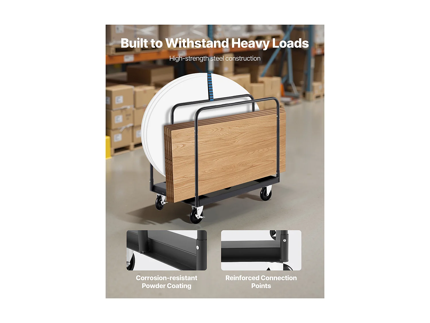 Chariot Porte-Plaques SucceBuy de Plâtre, Charge 816,5 kg, Chariot Porte-Panneaux de Cloisons Sèches, avec Roulettes Pivotantes, Sangle d'Arrimage, Noir