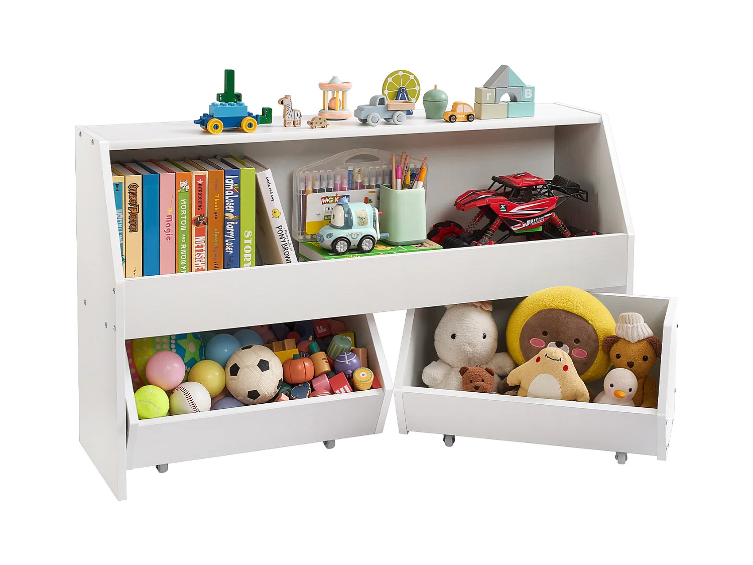 Organisateur de Jouets SucceBuy en Bois, Bibliothèque pour Enfants avec Rangement, Meuble de Rangement pour Jouets avec 2 Tiroirs Mobiles, pour Chambre