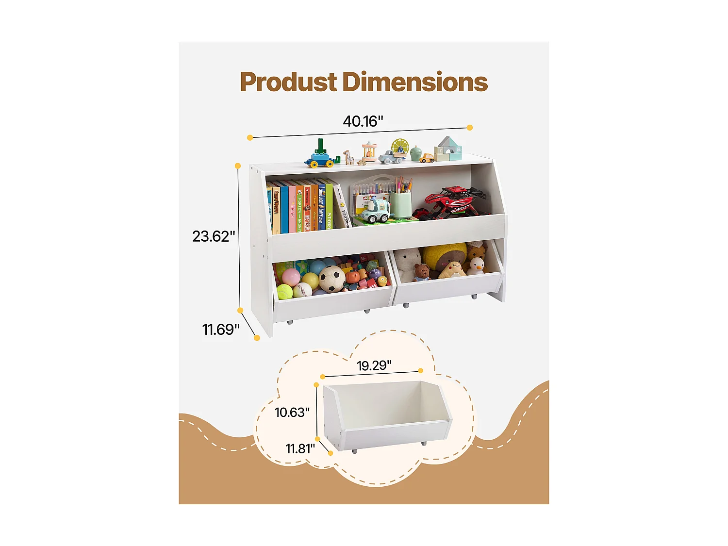 Organizzatore di Giocattoli SucceBuy in Legno, Libreria per Bambini con Archivazione, Mobile di Archivazione per Giocattoli con 2 Cassetti Mobili, per Camera