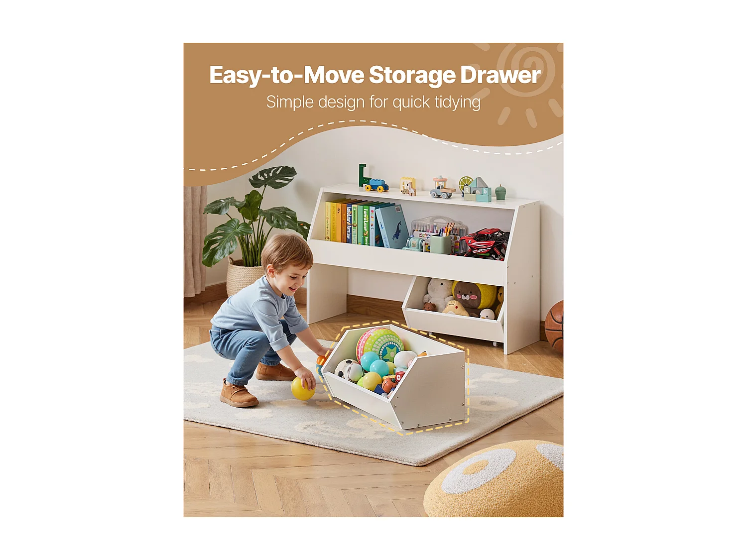 Organizzatore di Giocattoli SucceBuy in Legno, Libreria per Bambini con Archivazione, Mobile di Archivazione per Giocattoli con 2 Cassetti Mobili, per Camera