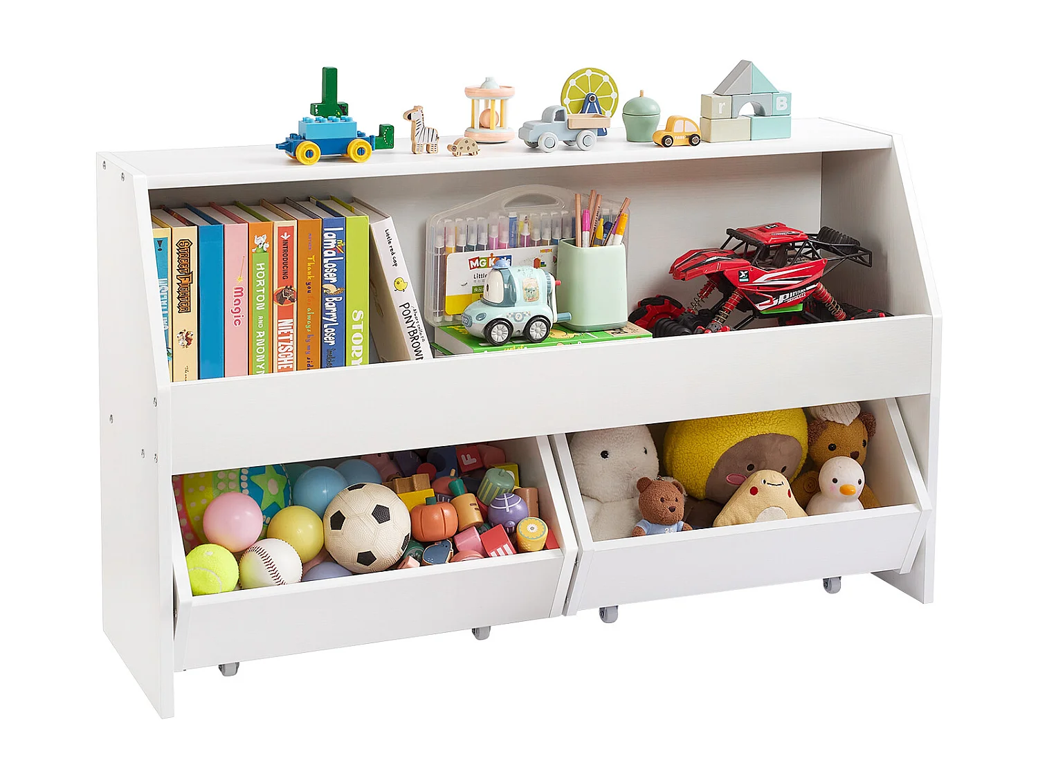 Organizzatore di Giocattoli SucceBuy in Legno, Libreria per Bambini con Archivazione, Mobile di Archivazione per Giocattoli con 2 Cassetti Mobili, per Camera