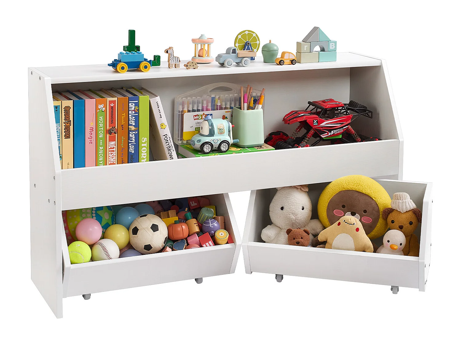 Organizzatore di Giocattoli SucceBuy in Legno, Libreria per Bambini con Archivazione, Mobile di Archivazione per Giocattoli con 2 Cassetti Mobili, per Camera