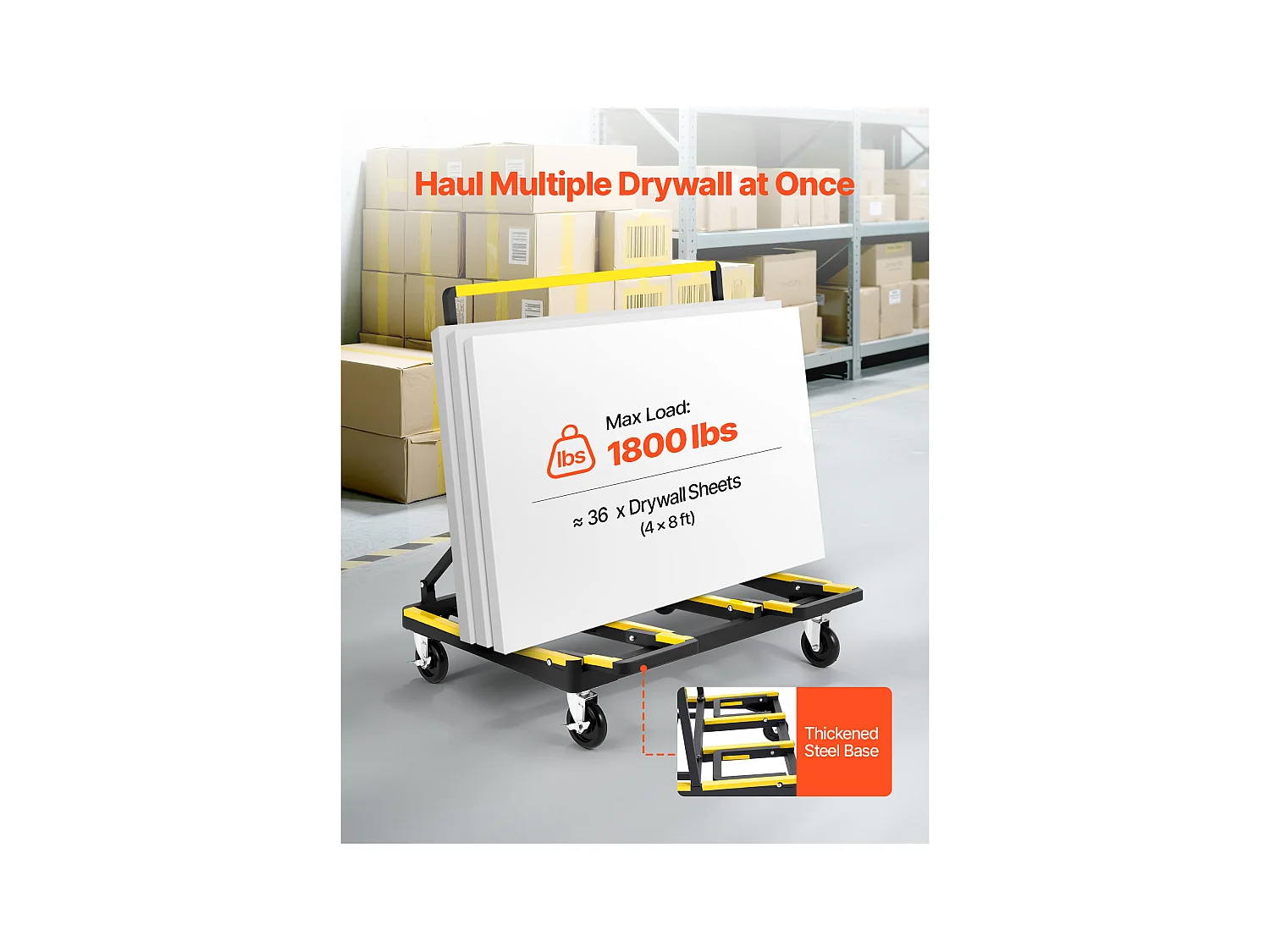 Carrinho para Placas SucceBuy de Gesso, Carga 816,5 kg, Carrinho para Painéis de Drywall, com Rodas Giratórias, para Transporte, Preto