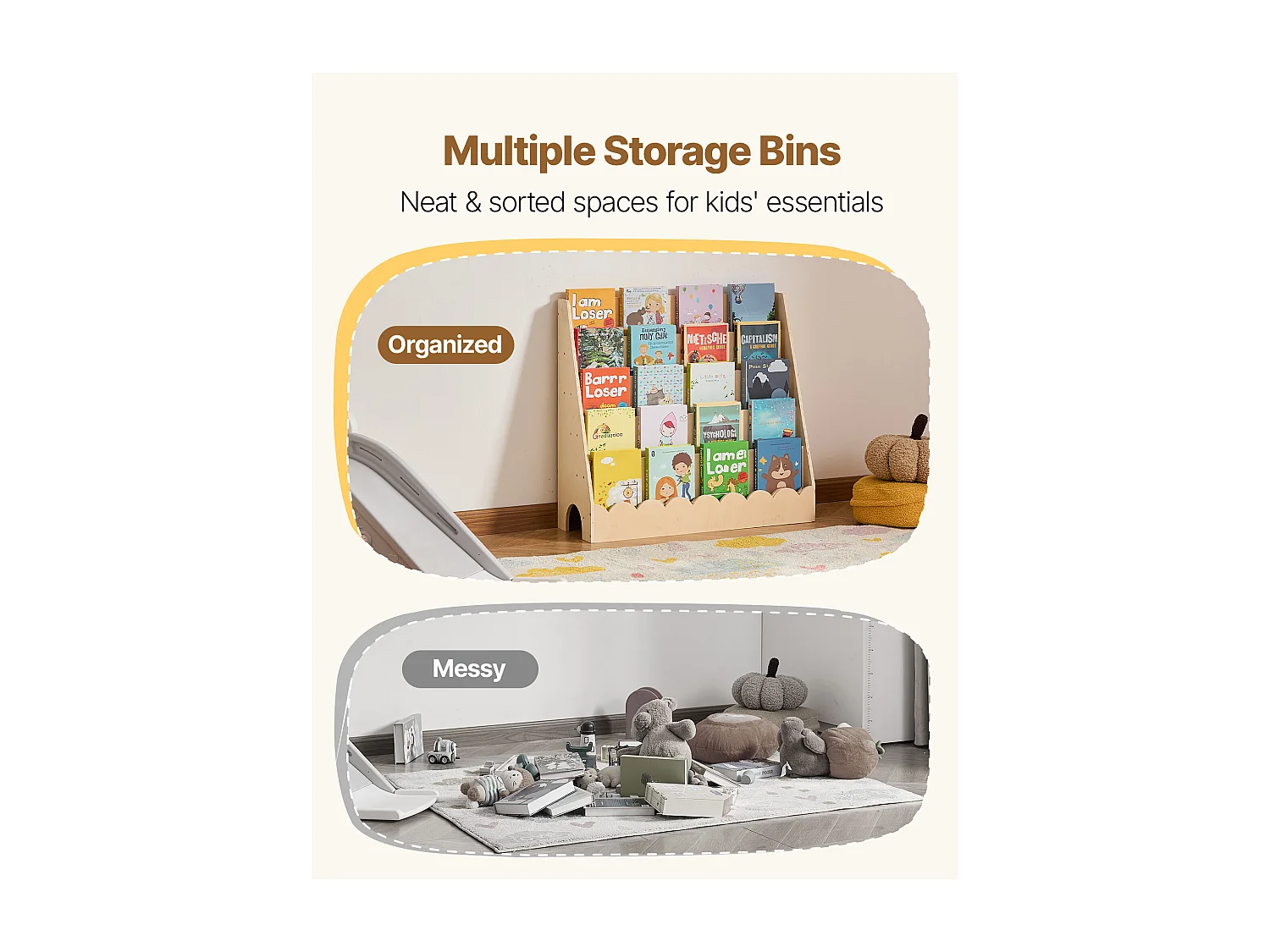 Estantería para Libros SucceBuy para Niños Pequeños Orientada hacia Adelante, Biblioteca Festoneada para Niños a 5 Niveles con 2 Ganchos para Colgar Mochilas