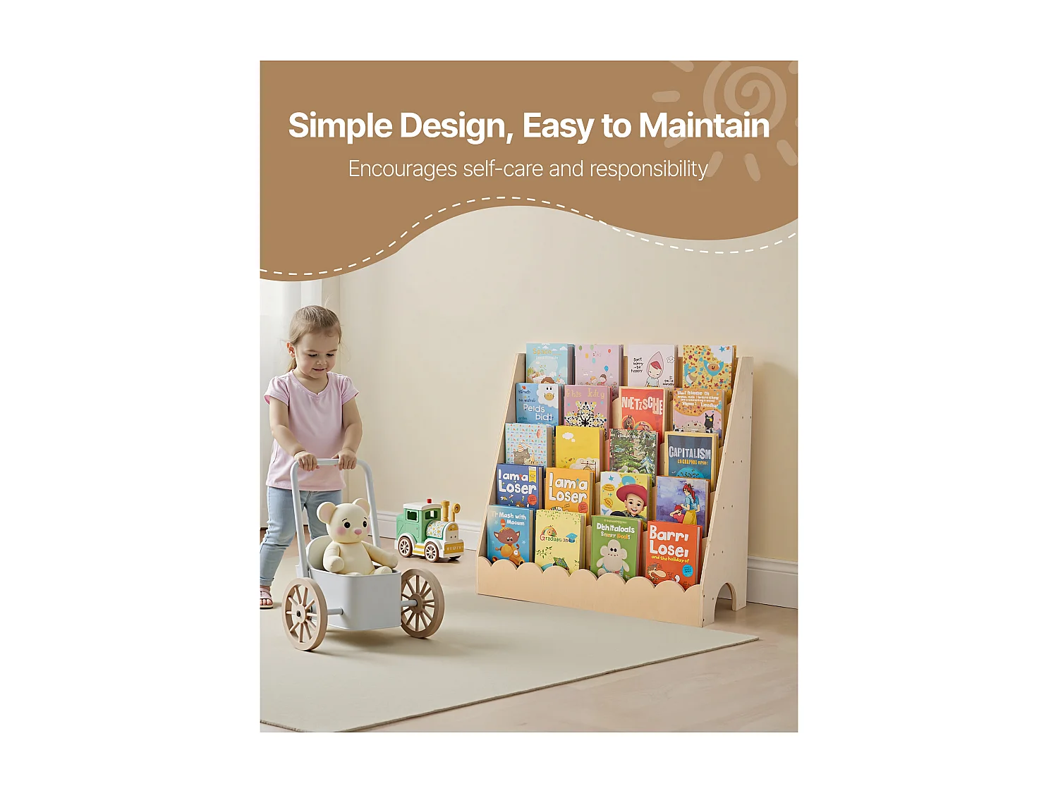 Estantería para Libros SucceBuy para Niños Pequeños Orientada hacia Adelante, Biblioteca Festoneada para Niños a 5 Niveles con 2 Ganchos para Colgar Mochilas