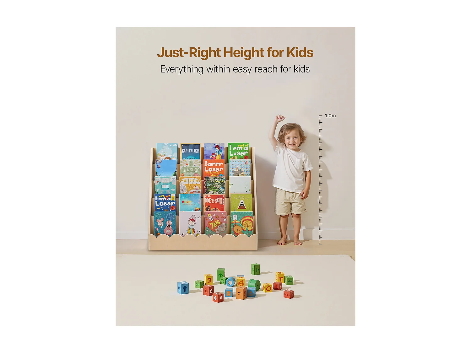 Estantería para Libros SucceBuy para Niños Pequeños Orientada hacia Adelante, Biblioteca Festoneada para Niños a 5 Niveles con 2 Ganchos para Colgar Mochilas